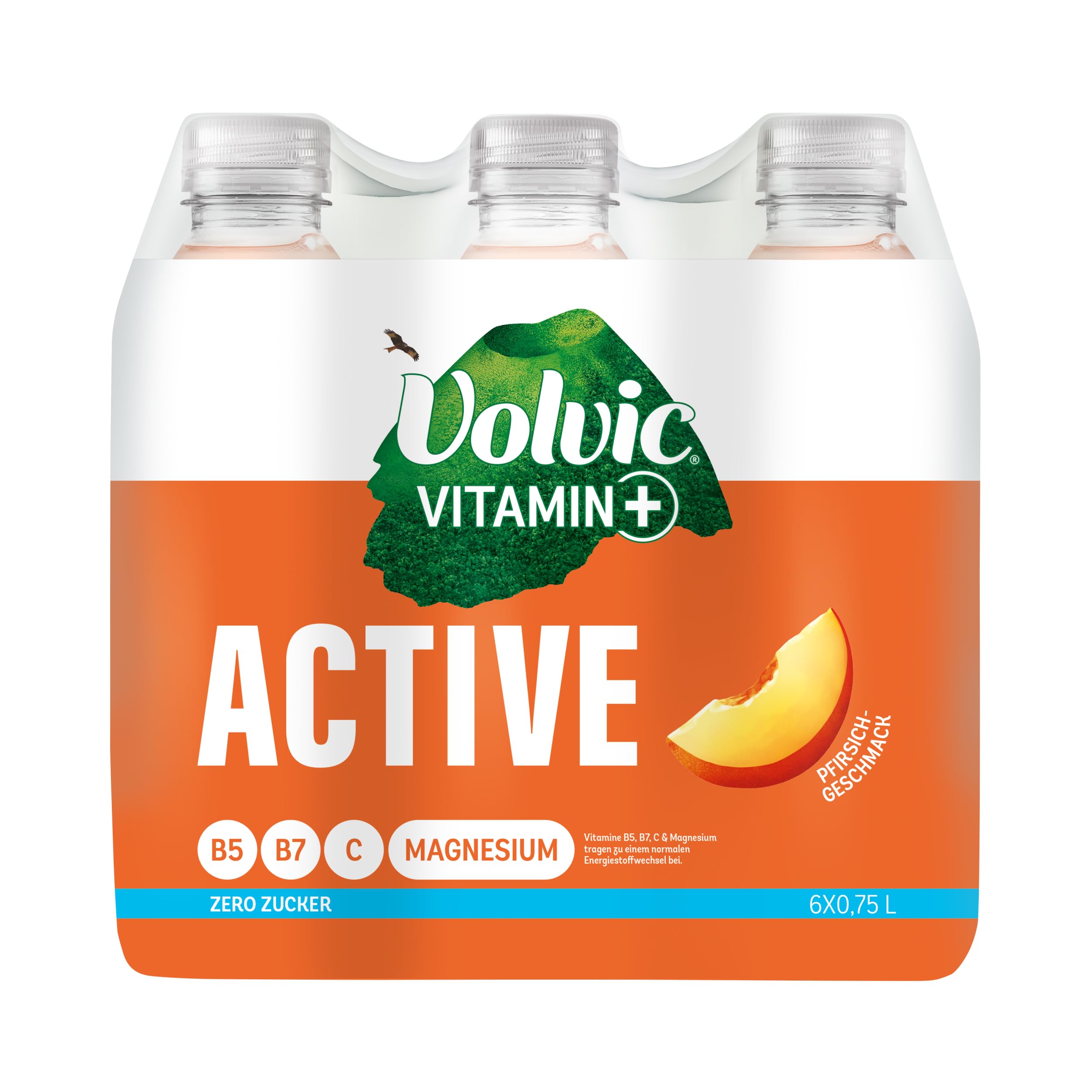 Volvic Vitamin+ Active Pfirsich – Erfrischungsgetränk mit Magnesium und Vitaminen – Ohne Zucker und ohne Kalorien – 6 x 0,75 l