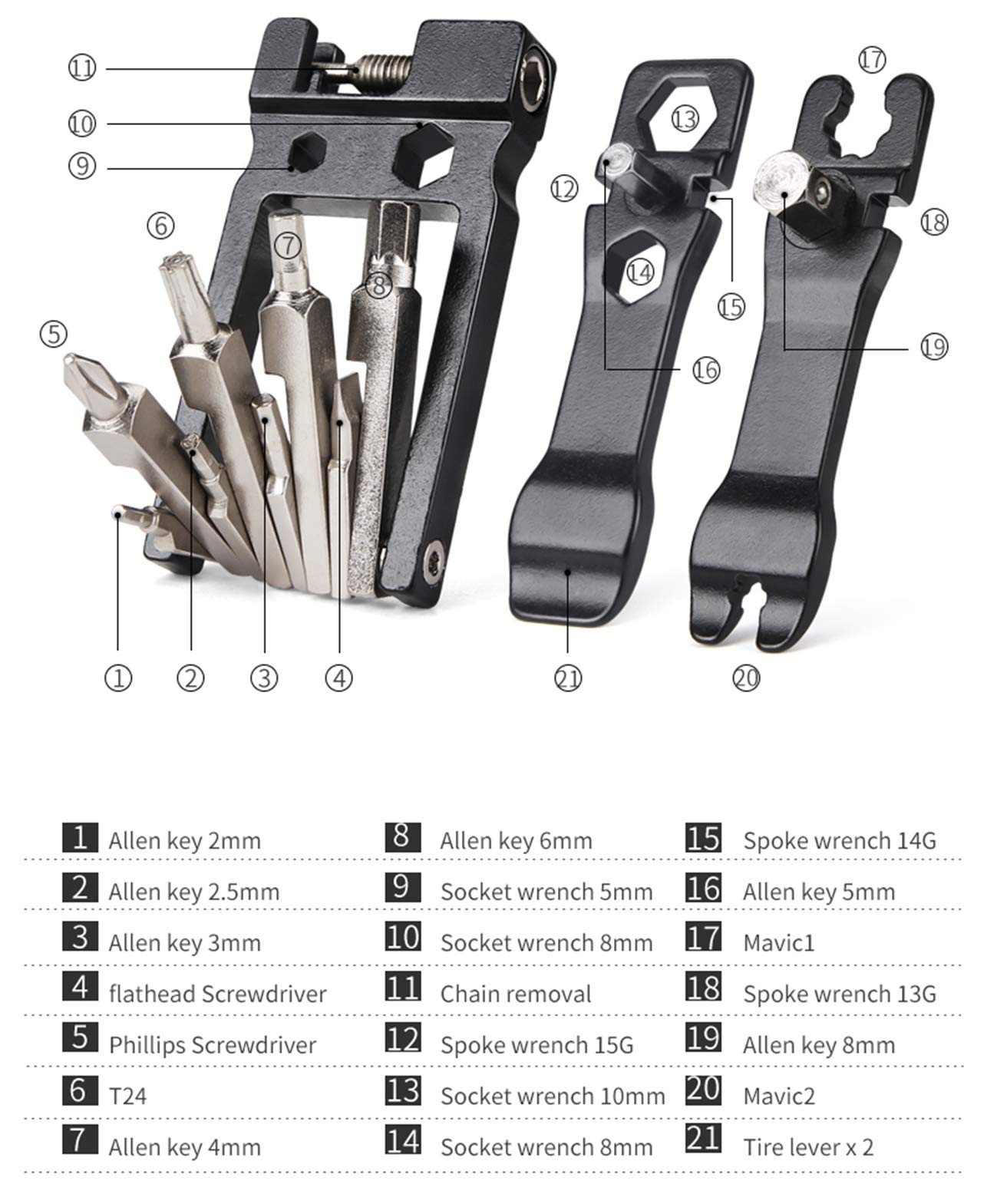 Kit d'outils de réparation 19 en 1 noir portable en acier inoxydable multifonction clé en acier inoxydable pour vélo
