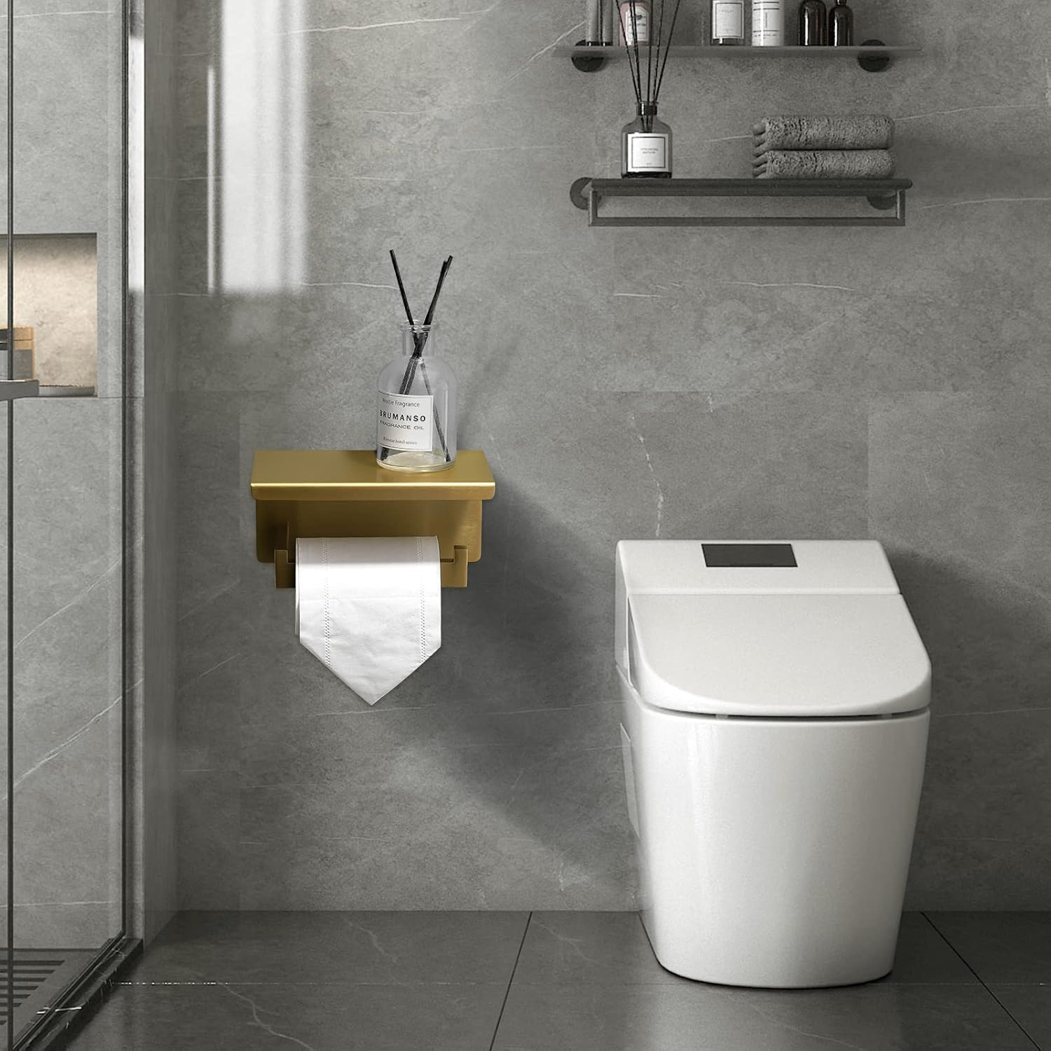 TNOMS Toilet Paper Holder with Shelf Modern Bathroom Hardware Accessories, Multifunctional Gold Toilet Paper Holder,Stainless Steel Wall Mounting