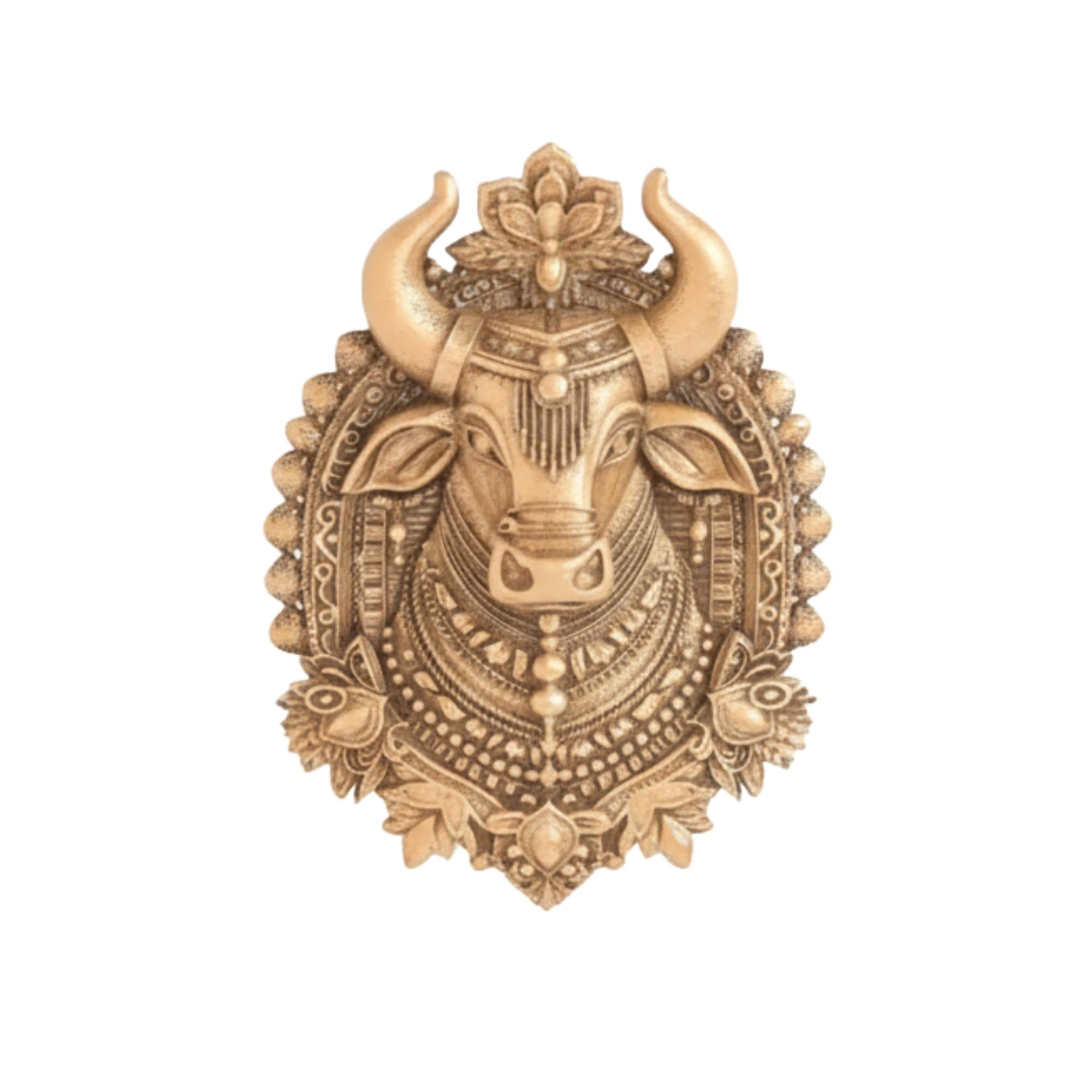 Sacred Nandi Shield Brooch - Antique Gold Bull Head Lapel Pin with Intricate Temple Engravings-picture-41