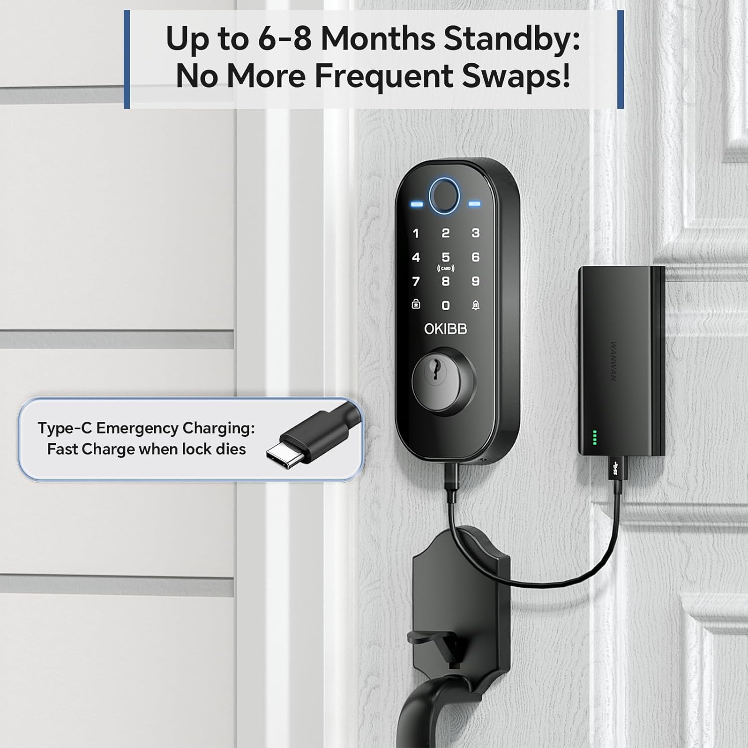 Image showing the smart lock with a Type-C emergency charging port and text 'Up to 6-8 Months Standby: No More Frequent Swaps!'.