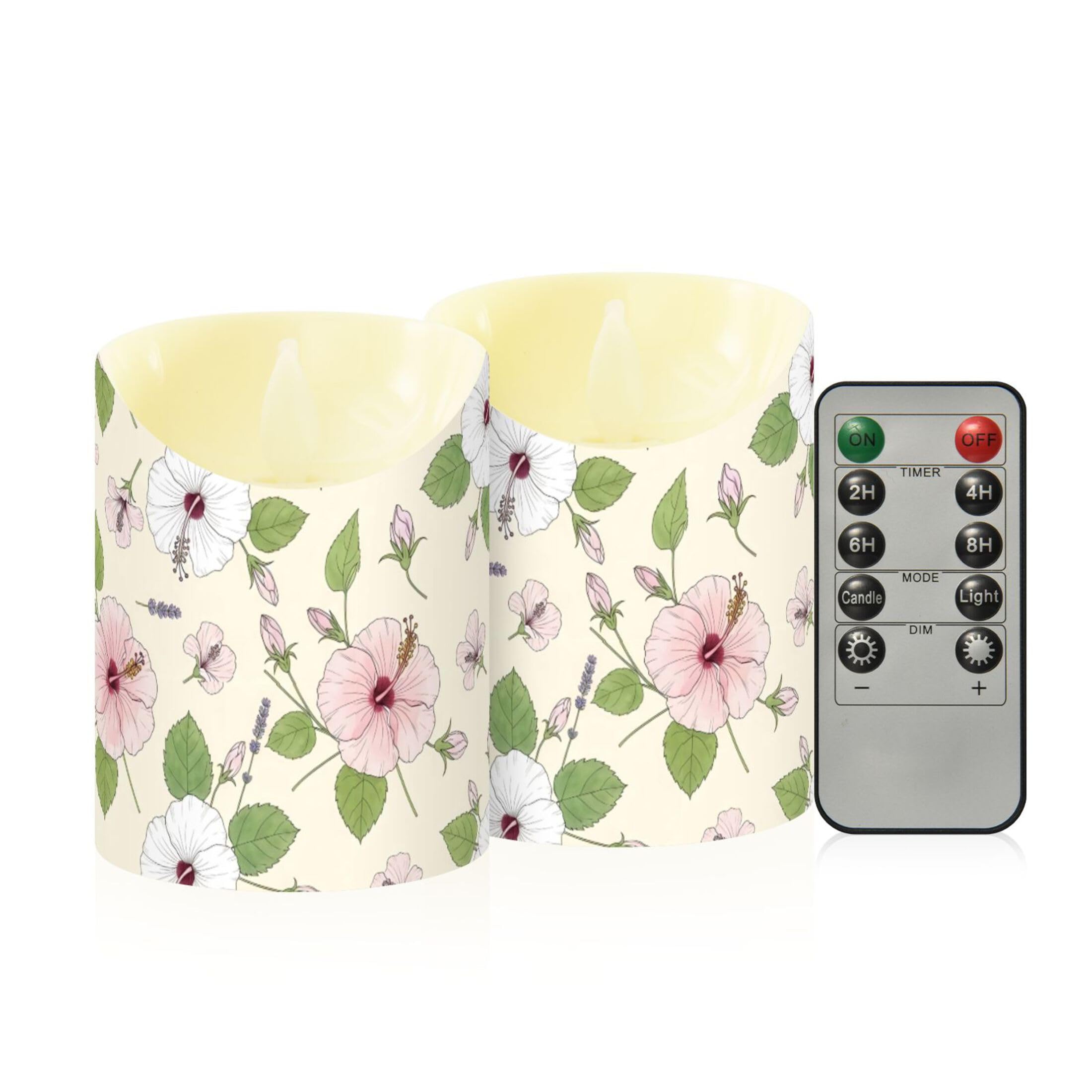 Fuauuyl Hibiscus LED Flameless Candles Flickering Plastic Pillar Candles Battery Operated Votive Candle with Remote Control and Timer, Home Decoration 2 Pack