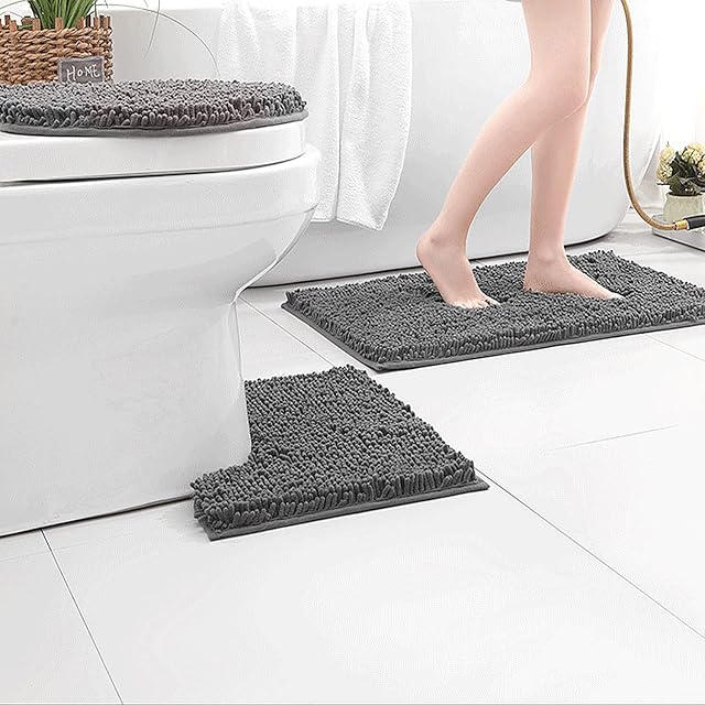 lesolar Non Slip Bath Mat Absorbent Rug Set 3 Piece- 40 x 60cm Bath Mat-40 x 50cm Toilet Seat Mat- 50 x 40cm U-shaped Contour Mat for Shower Room Kitchen Machine Washable