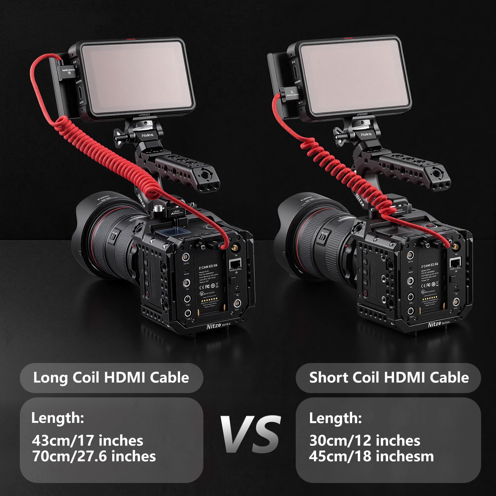Alvin's Cables Cavo HDMI 2.1 8K per monitor Atomos Ninja V, per Sony FS5 FS7, BMPCC, per fotocamera Canon C300 C500, 8K@60Hz 4K@120Hz 48Gbps Cavo a spirale intrecciato ad alta velocità Rosso