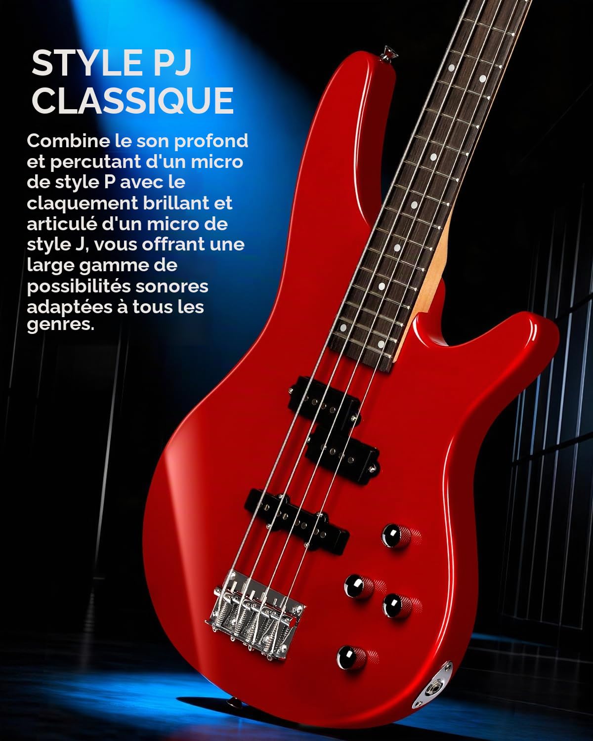 Guitare basse électrique 4 cordes en P pour débutant avec sac de transport, sangle de guitare et câble de guitare (Red)