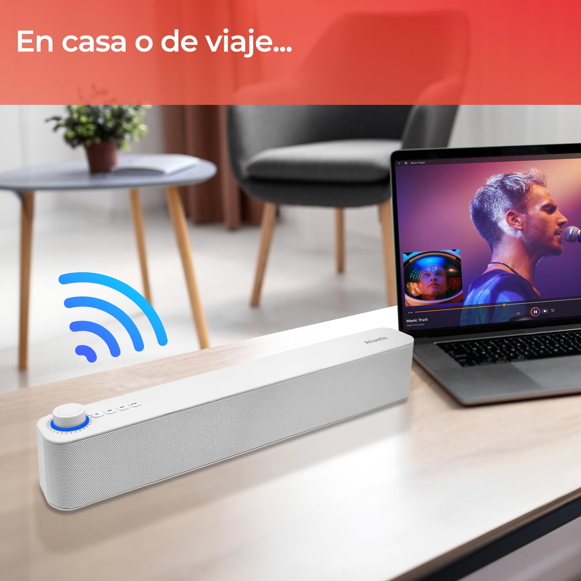 Atlantis Soundbar 20 W, Conector Jack 3,5 mm + Bluetooth 5.3, batería 2400 mAh, Radio FM, Altavoz para PC, portátil, TV, Smartphone. Dimensiones: 420 x 60 x 74 mm. Color: Blanco. P003-C0820-B
