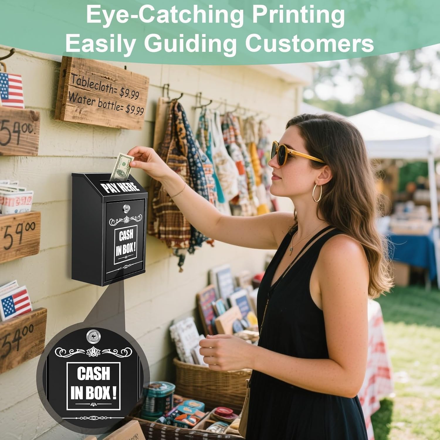 Wall Mounted Cash Box with Key Lock and Slot, Secure Money Collection Box with Prints, Metal Donation Box for Home, Office, Outdoor, Business, Farm Stand, Self-Serve Kiosk