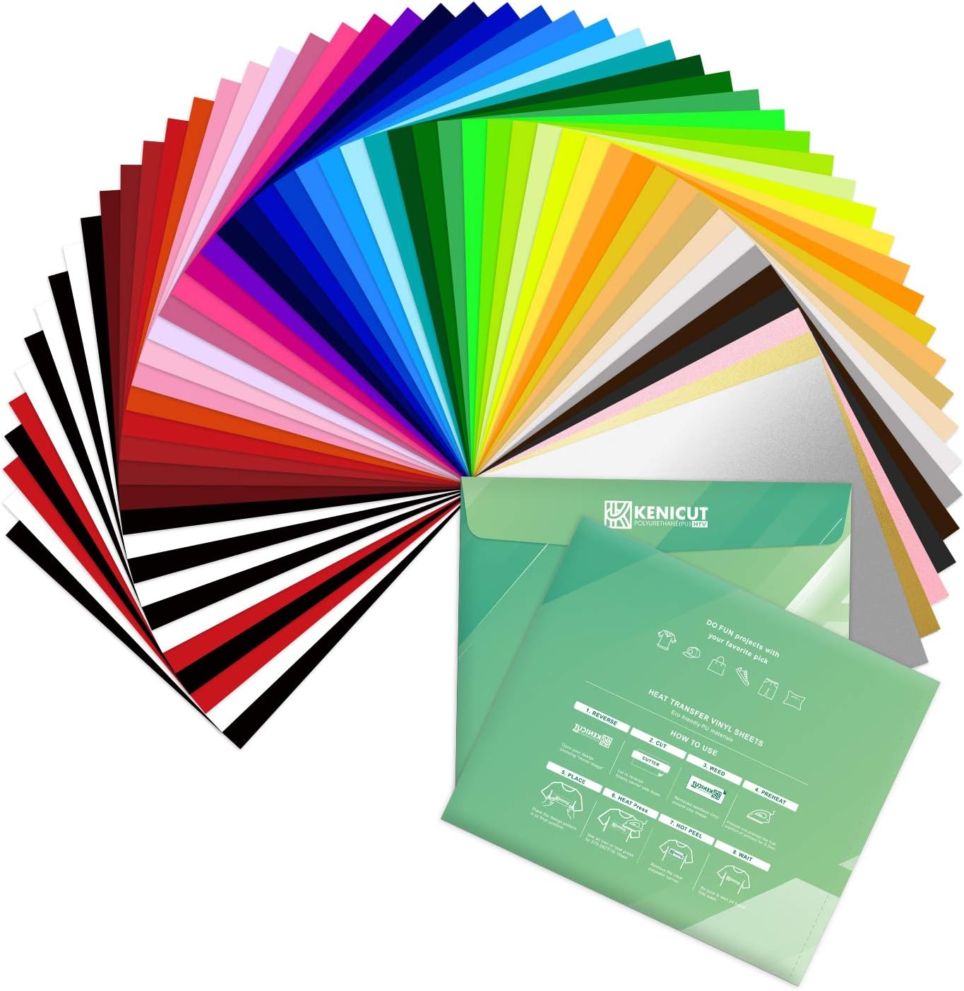 KENICUT HTV Heat Transfer Vinyl Bundle, Heat Transfer Vinyl Sheets for Cricut, 12"x10" 51 Sheets 44 Assorter Color Heat Transfer Vinyl, Iron On Vinyl for Cricut & Silhouette Cameo