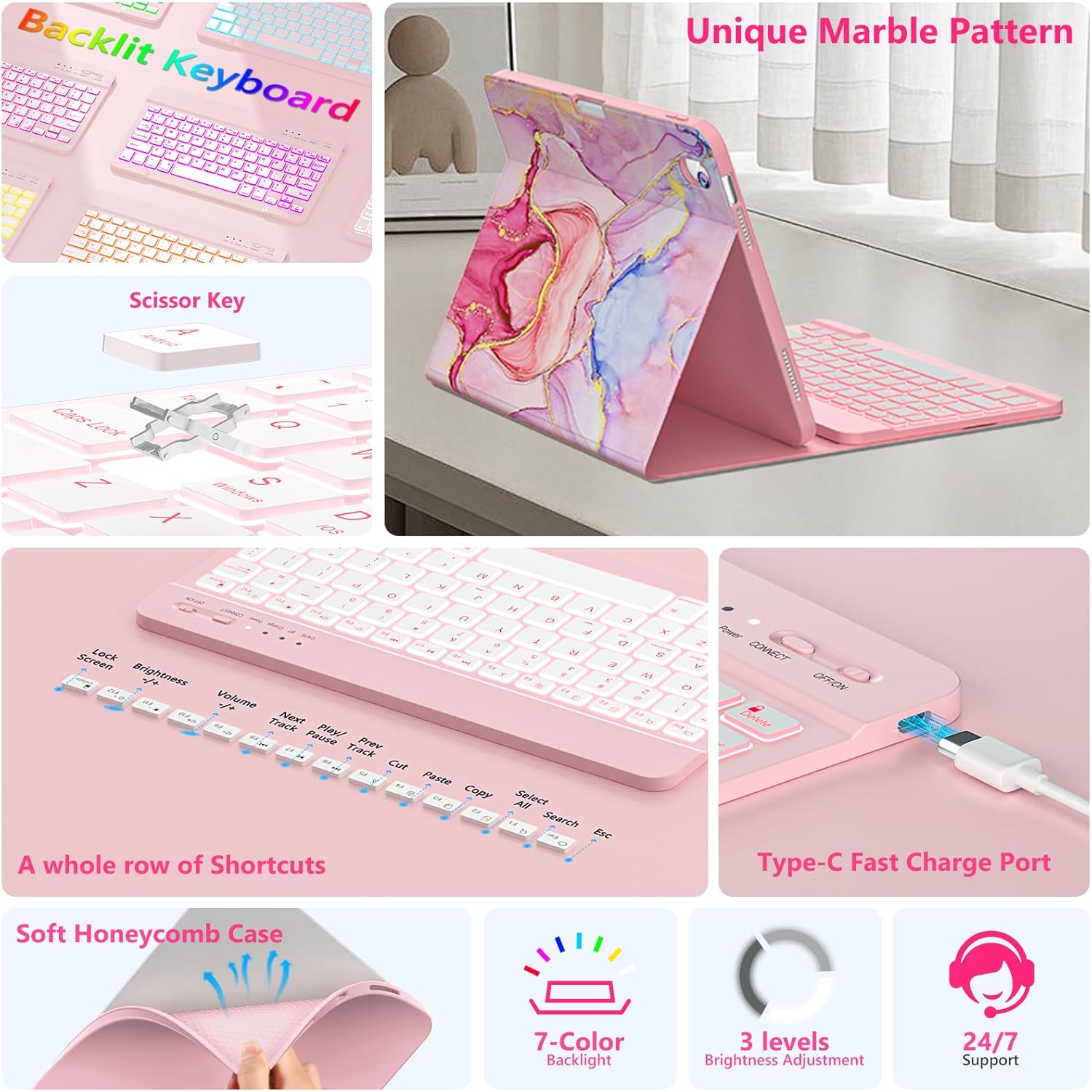FUWANG for iPad A16 11th 10th Generation Case with Keyboard - Backlit Detachable Keyboard Marble Folio Cover with Pencil Holder for iPad 11th Gen 11-inch 2025 & 10th Generation 10.9 Inch 2022