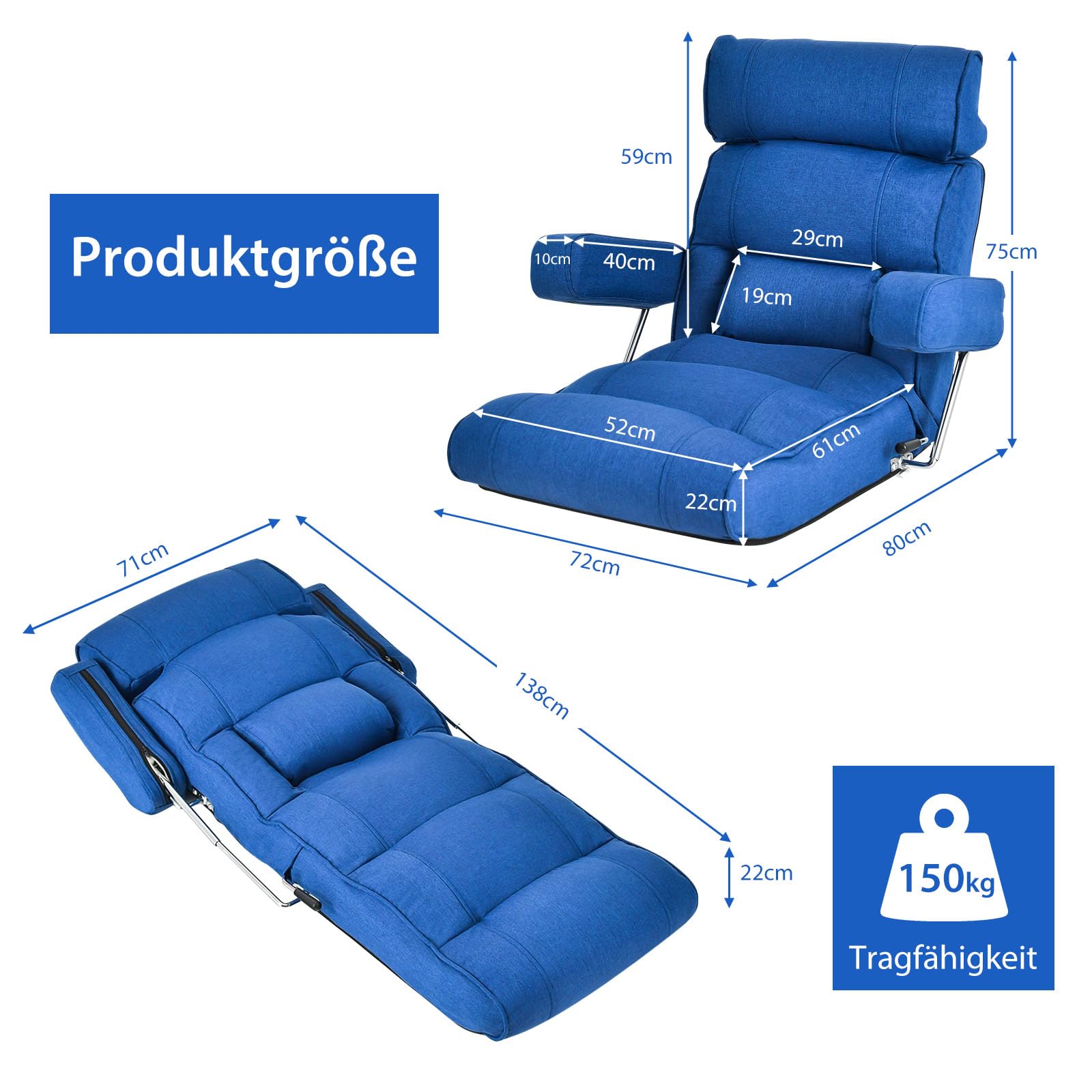 GOPLUS Bodenstuhl, Relaxliege mit Armlehne & Verstellbarer Rückenlehne, Bodensessel mit Schlaffunktion, Relaxsessel Meditationsstuhl Bodensofa für Zuhause & Büro (Blau)