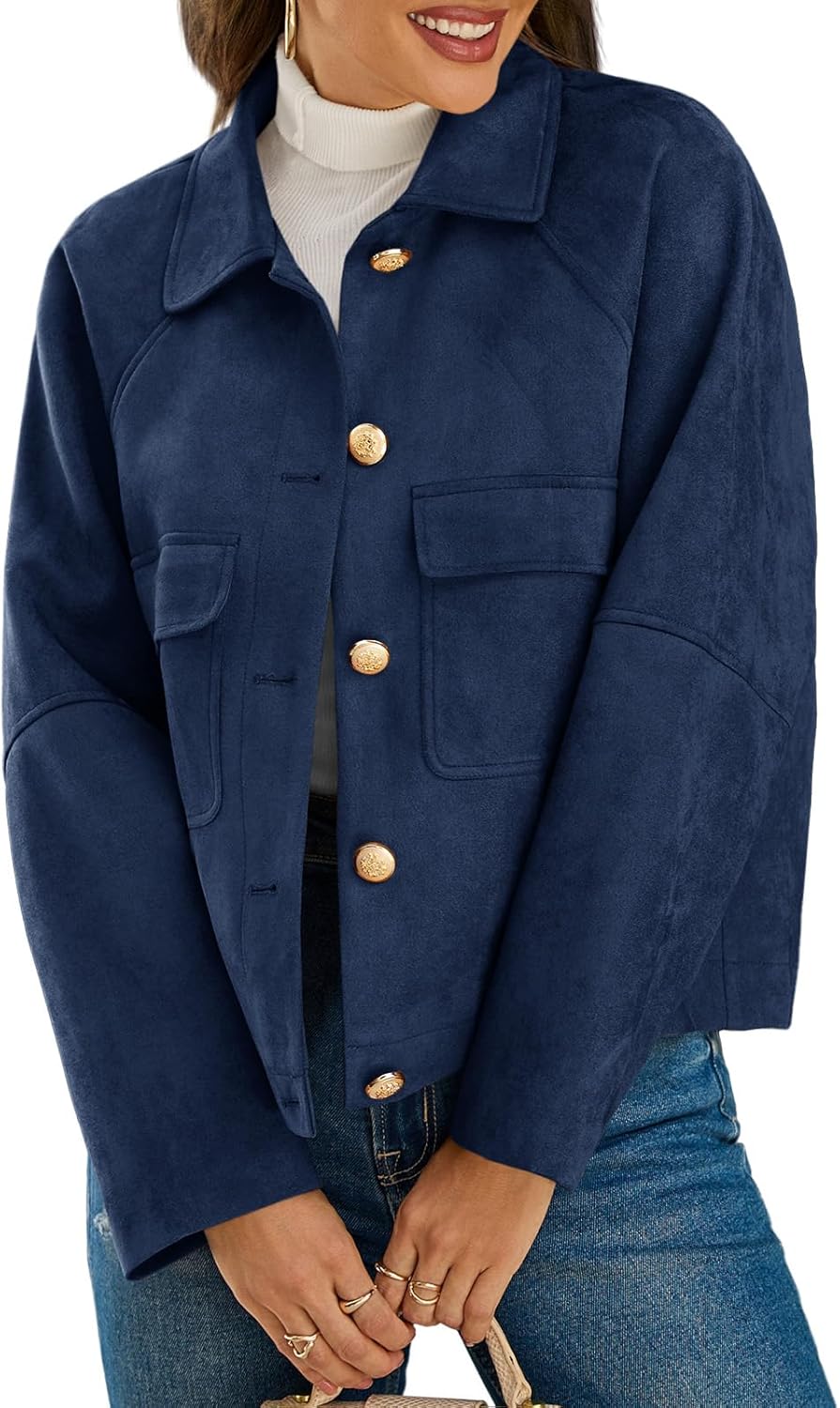 Cicy Bell Womens Faux Suede Leather Jackets Oversized Cropped Casual Lapel Collar Button Down Spring Vintage Shackets