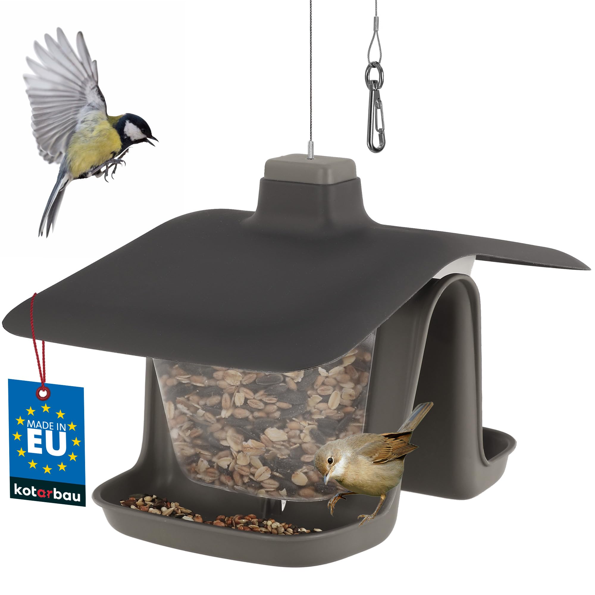 KOTARBAU® Comedero para pájaros con doble cámara de plástico para colgar con cable de acero