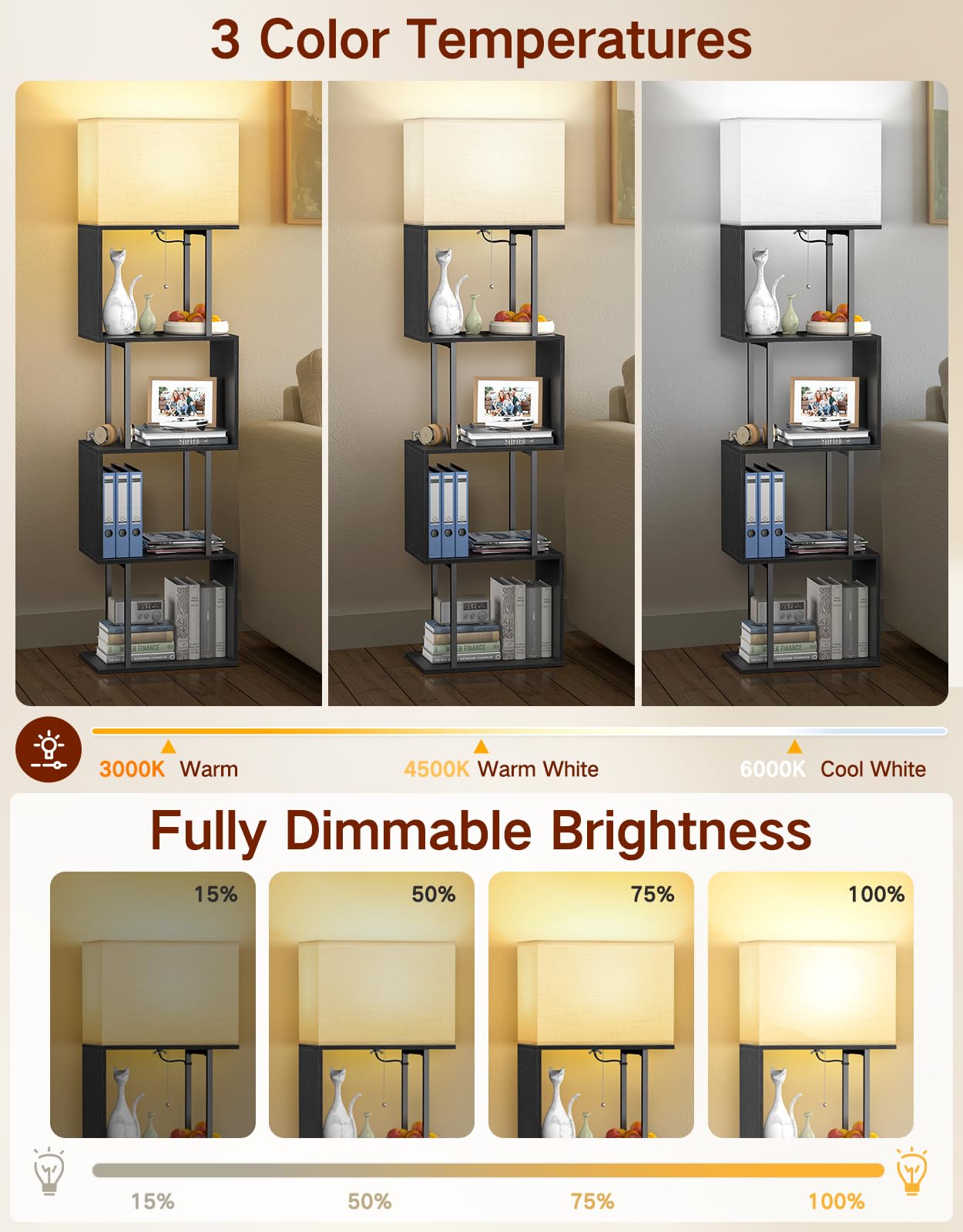 S-förmiges Bücherregal mit Lampe, 5 Ebenen, Dimmbar mit 3 Farbtemperaturen, Modernes Design mit Ablagen und Fernbedienung für Wohnzimmer, Schlafzimmer und Büro