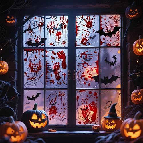 Miniatura 2 de 9 hojas de Halloween para ventana, diseño de huellas de manos sangrientas espeluznantes, huellas aterradoras, calavera, calcomanías de vidrio