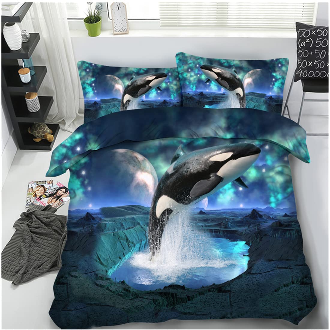 TOPBDHOMES 3D Whale Print Duvet Cover Set Queen Size for Kids Adult Boys Teens, 3-Piece Blue Ocean Outer Space Bedding Sheets, Animal Bed Linen, No Comforter (BD608, Queen 3 Pieces)