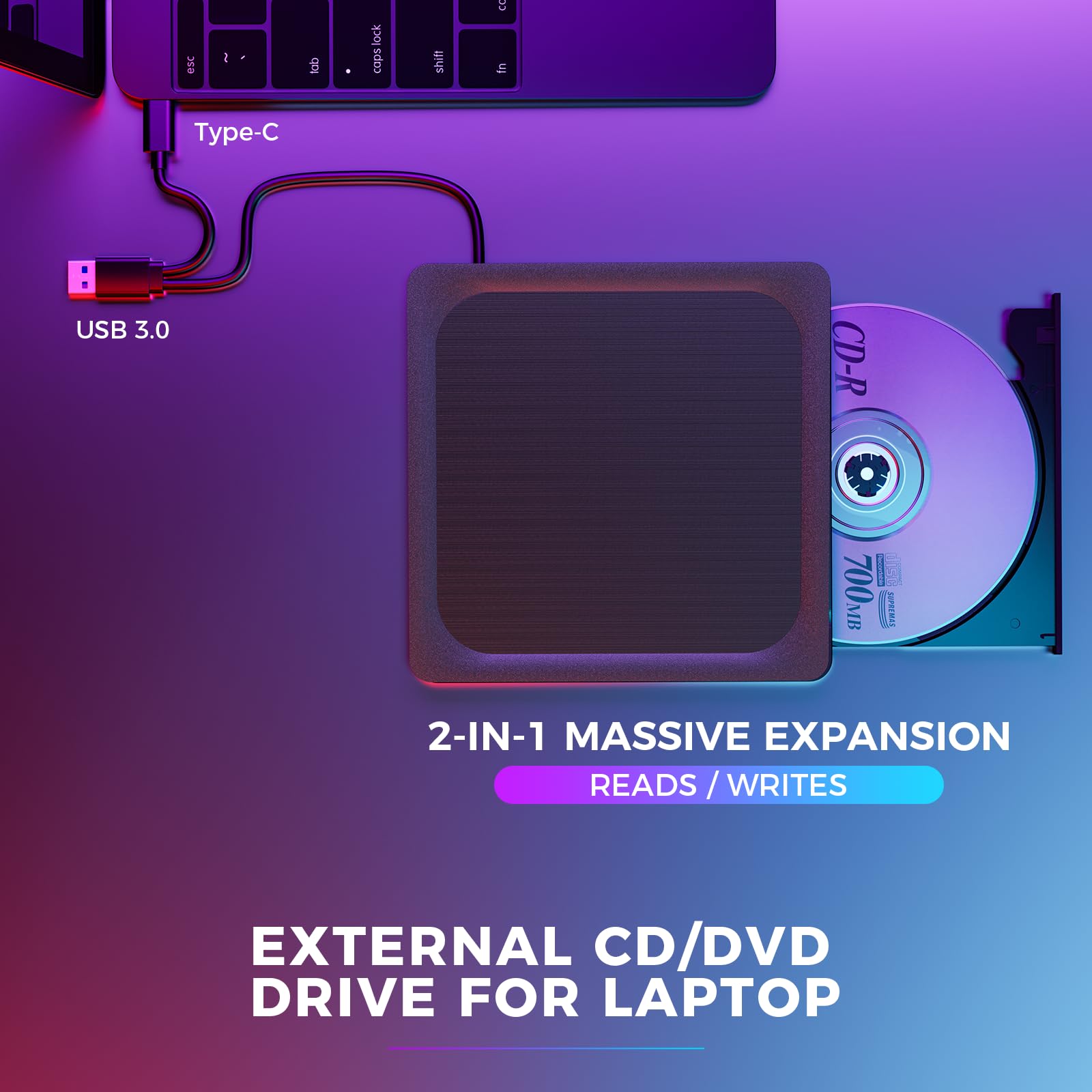 BHHB Lettore DVD Esterno con Finitura Metallica Spazzolata USB 3.0 - Masterizzatore CD/DVD±RW, per Mac e Windows PC, Lettore/Scrittore DVD ROM Compatibile con Laptop, Desktop, Mac, Windows 11/10/8/7