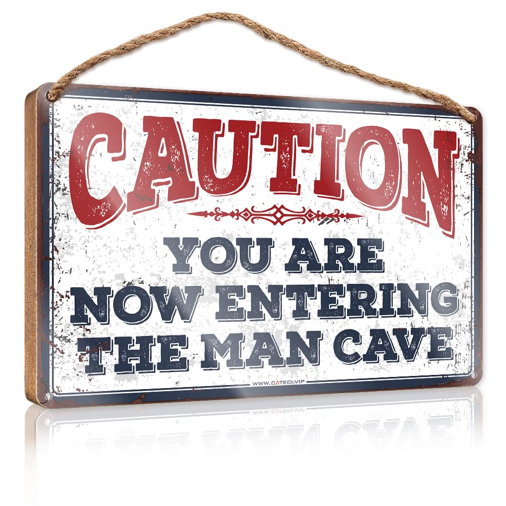 DTHA Funny Hanging Sign Caution! You Are Now Entering The Man Cave Wooden Sign Funny Bedroom Decor Wood Hanging Sign Plaque(15X28CM)