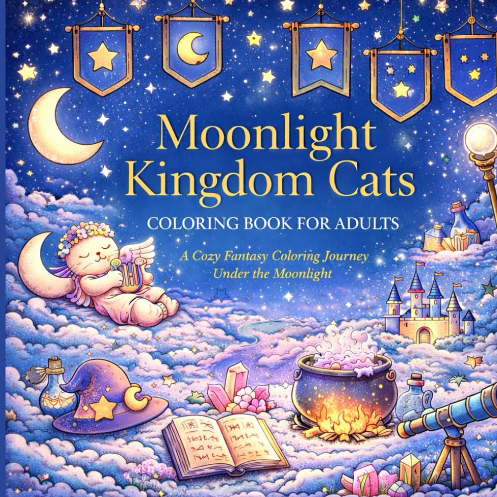 Moonlight Kingdom Cats Coloring Book for Adults: A Cozy Fantasy Coloring Journey Under the Moonlight