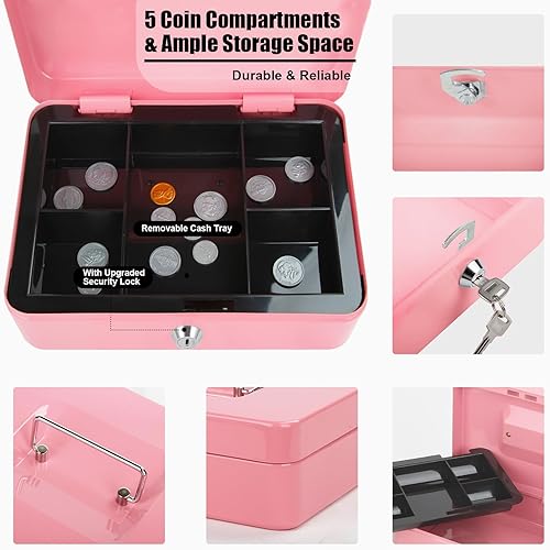 Miniatura 2 de Caja de dinero grande con cerradura con bandeja extraíble para monedas, caja de dinero de metal segura portátil con cerradura de llave, organizador