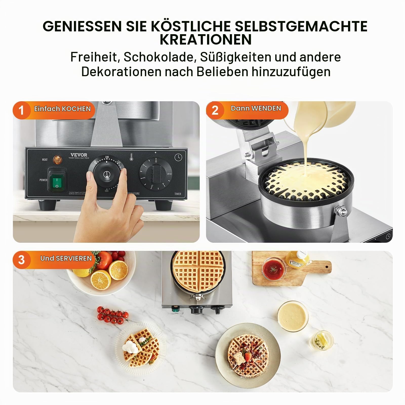 VEVOR kommerzielles Waffeleisen 1230 W Waffel Maker mit antihaftbeschichteten Backflächen Waffeleisen aus Edelstahl mit Temperatur- und Zeitregelung, für Restaurant Bäckerei 4 Fächerfömige Waffeln