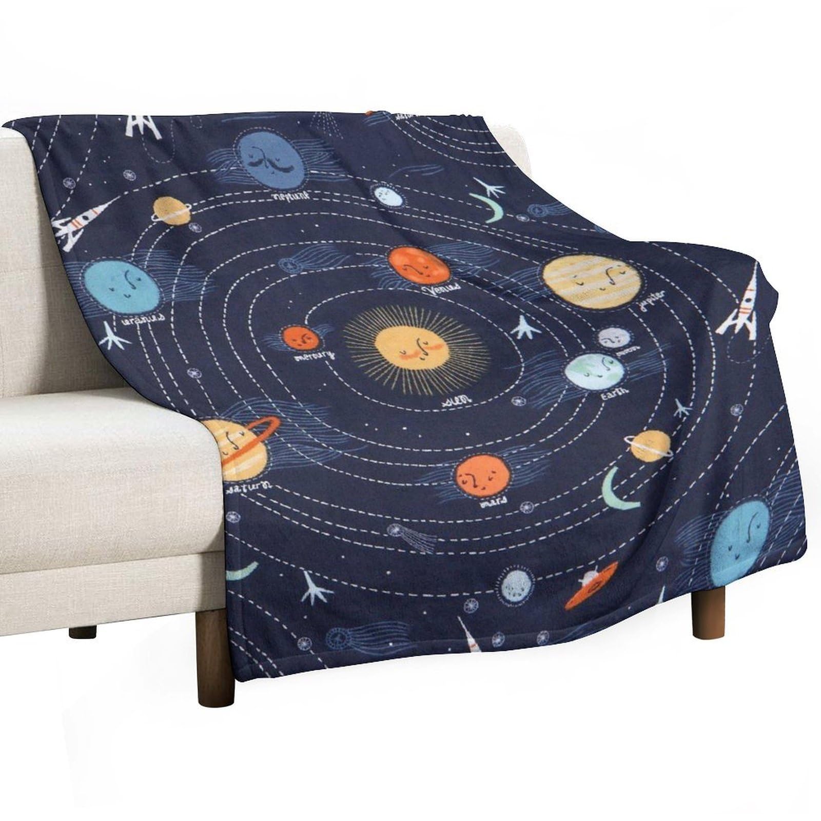 Qjjinxior Flannel Blanket, Space Rocket Planet Solar System Throw Blanket for Couch Sofa Bed Office, Soft And Comfortable Without Pilling