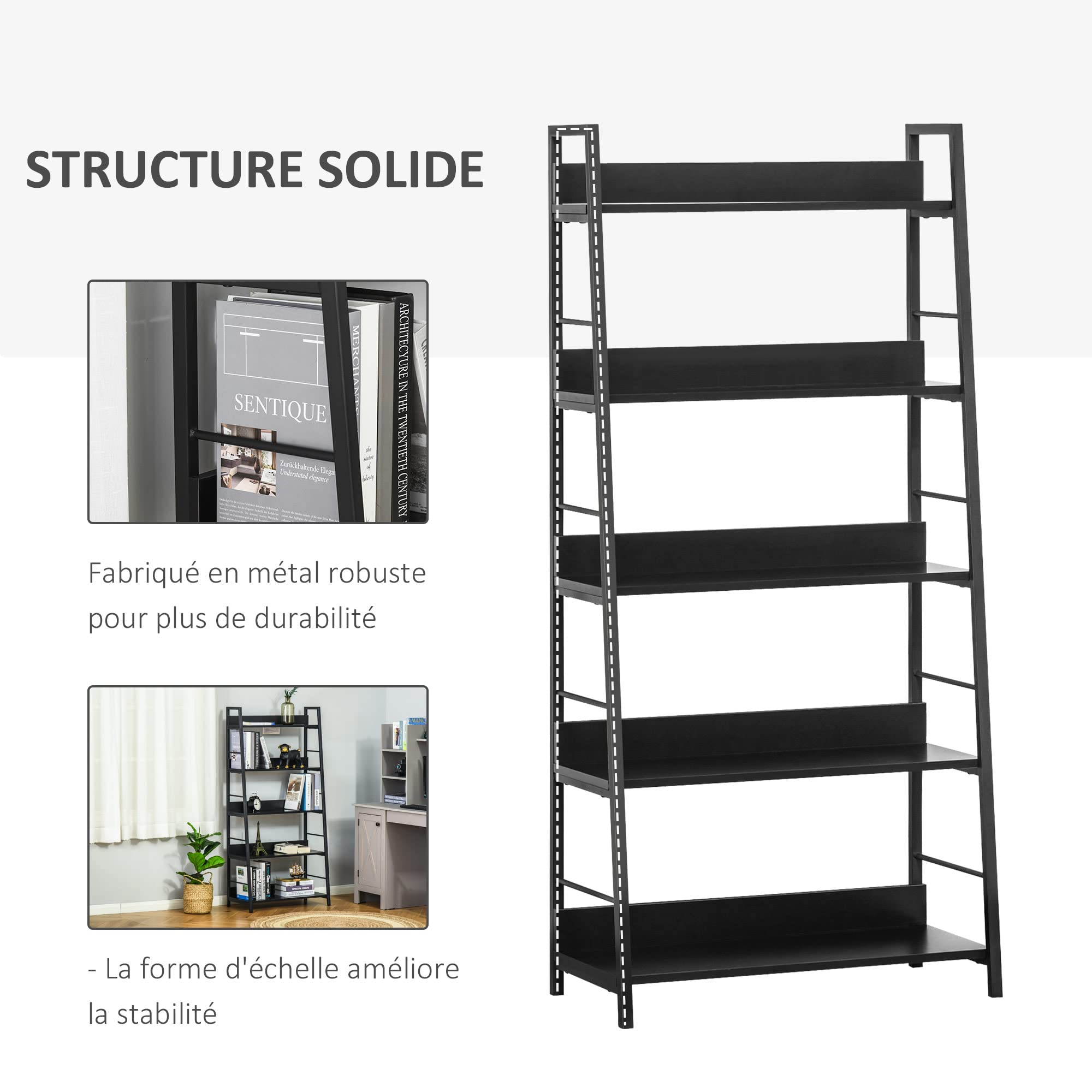 HOMCOM Regał na książki 5 poziomów 70 l x 35 l x 150H cm Czarny | Pochylony styl industrialny