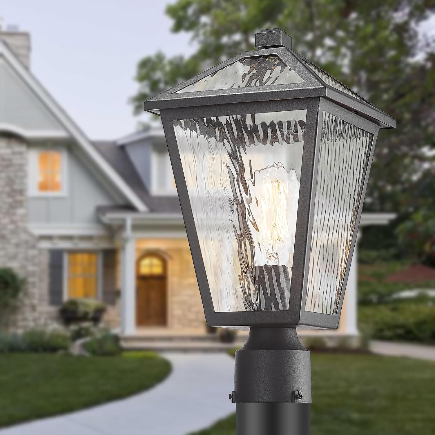 Outdoor Post Lights with Water Ripple Glass, Modern Waterproof and Anti-Rust Aluminum Pillar Outside Lighting for Garden, Driveway, Patio, Porch, Garage, Black, Medium Black-Ripple Glass Medium