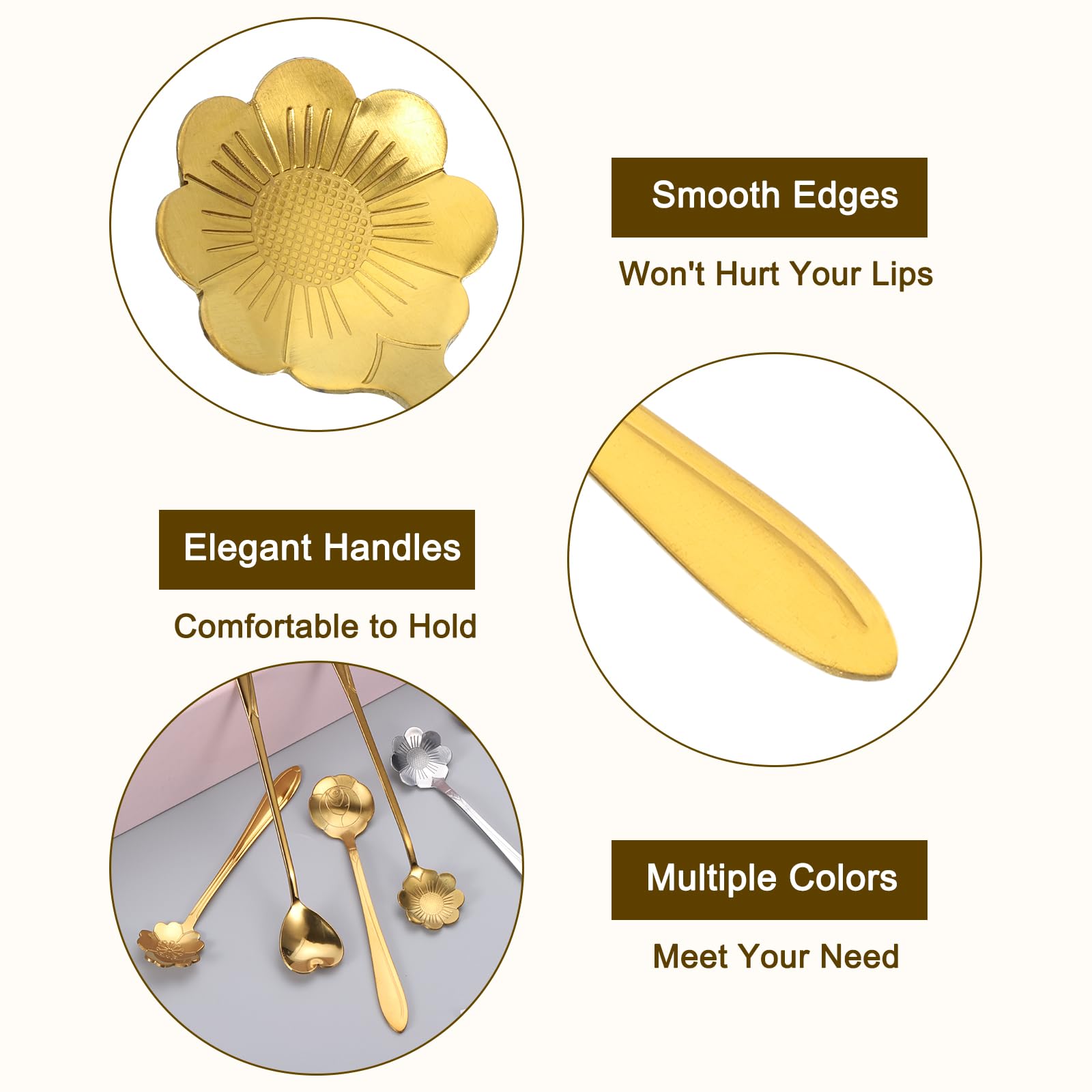 uxcell 4Pcs Stainless Steel Flower Spoons 5 Inch Sun Flower Shape Coffee Spoon Small Teaspoon Dessert Spoon for Espresso Sugar Cake Gold - Image 3