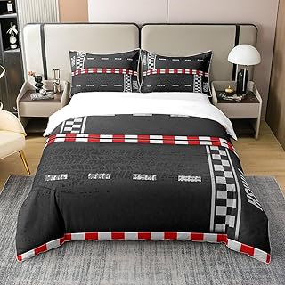 Full Size Duvet Cover Set Race Car Track 100% Pure Cotton Bedding Set Racing Car Extreme Sports Decor Comforter Cover 3 PCS Checkered Flag Competition Quilt Cover Luxury Soft