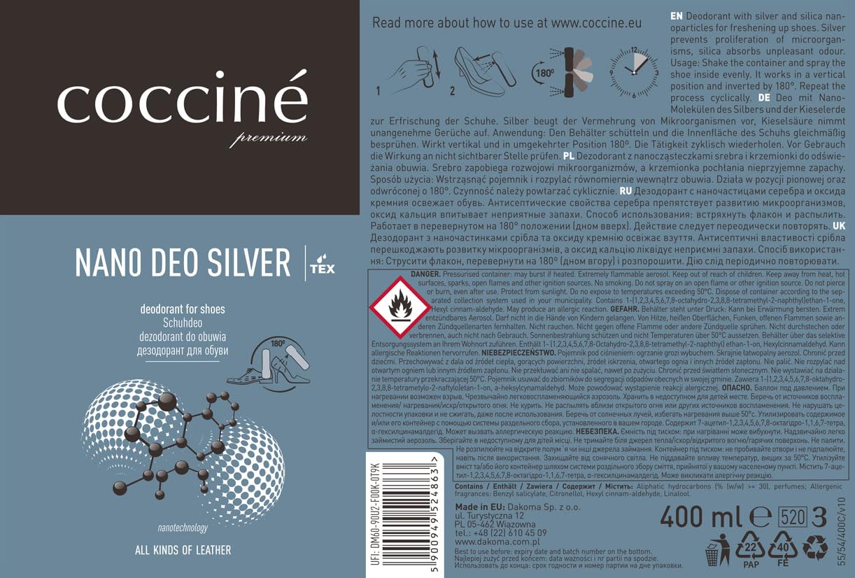 Cocciné - Déodorant Universel pour Chaussures, Spray Nano Argent Anti-Odeurs, Déo Antibactérien pour Chaussures en Cuir, Empêche la Prolifération des Micro-Organismes et des Bactéries