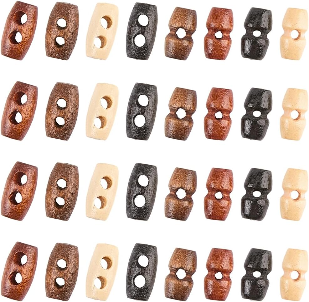 GORGECRAFT 80Pcs 8 Styles Mini Wooden Toggle Buttons 1 Hole 2 Hole Tiny Sewing Horn Button Olive Shape Clothing Embellishments for Doll Coat Jacket Sweater Clothes Knitting DIY Accessories 0.59 Inch
