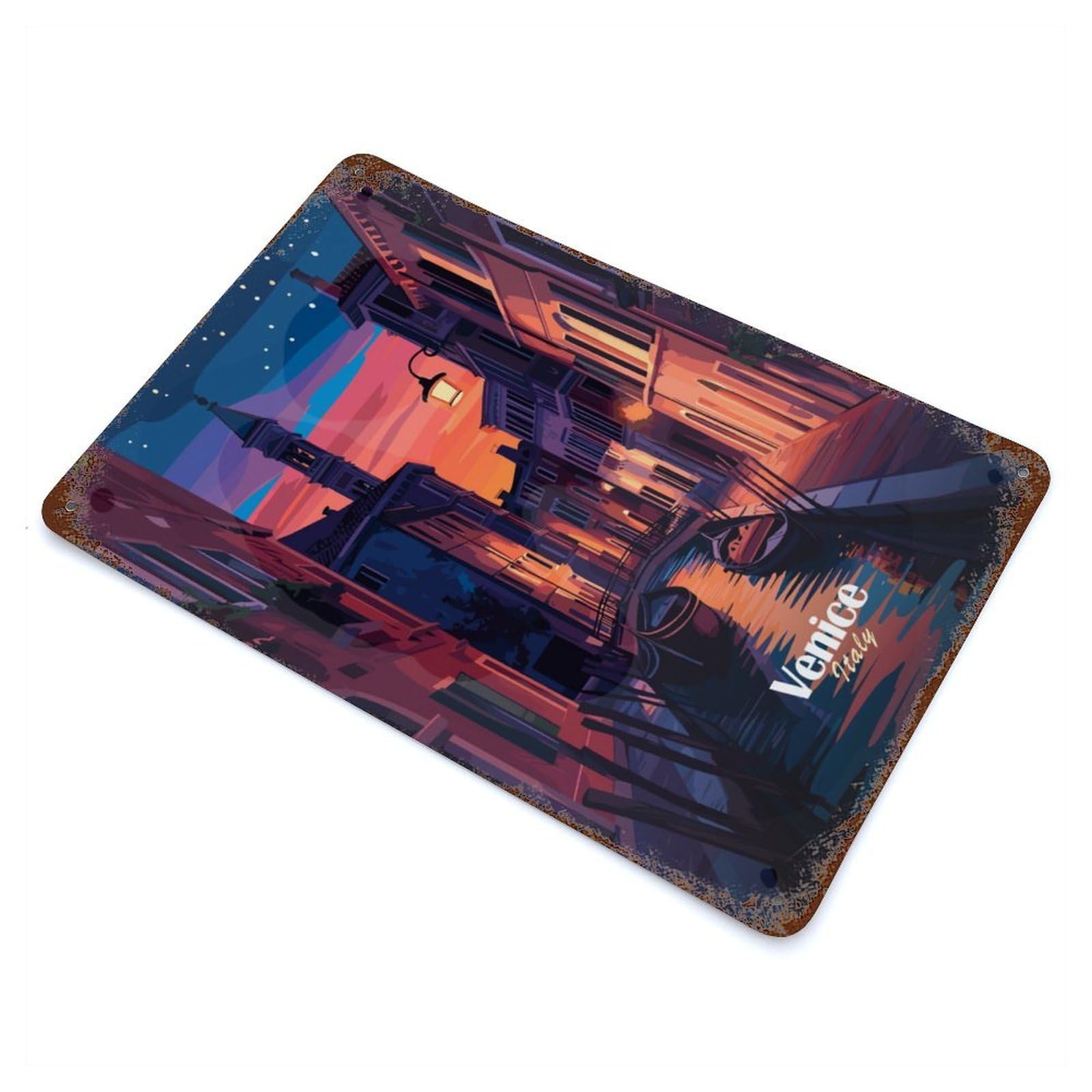 Venice Canal Night Vintage Wall Sign 11.8"x7.9", Rust Effect Metal Decor for Cafe, Home Bar And Lounge Decor