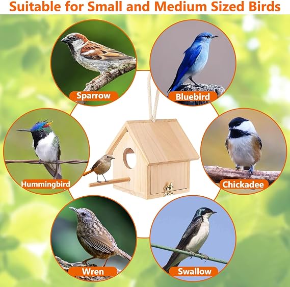 Tfwadmx 2PCS Wooden Bird House Transparent Outdoor Bird House Hanging Nests Box Garden Patio DIY Decorative for Wren Swallow Sparrow Hummingbird Finch Throstle