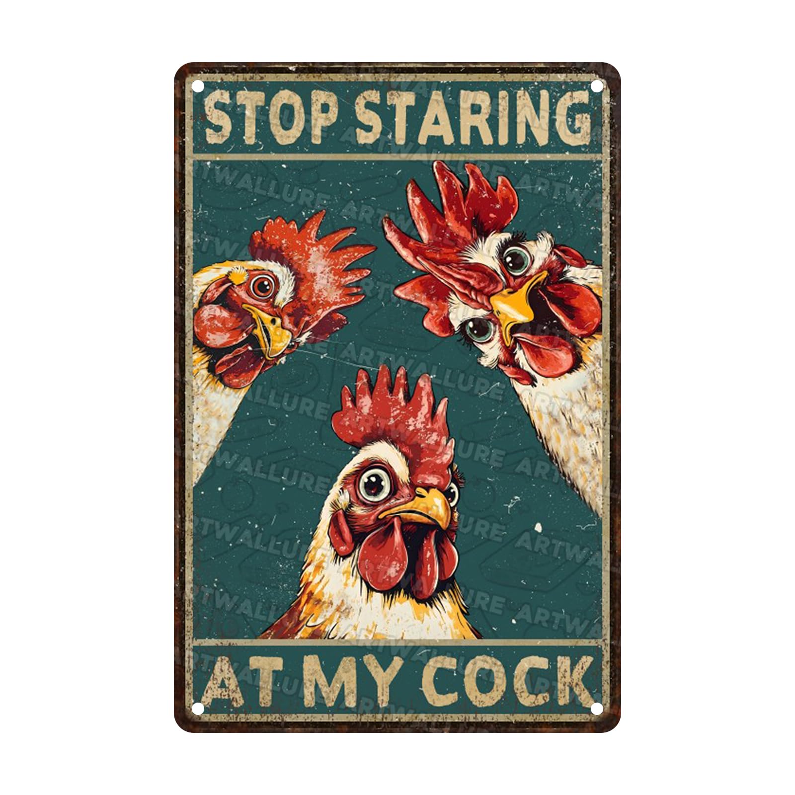 Funny Chicken Vintage Tin Sign Stop Staring My Cock Metal Tin Sign for Farm Chicken Coop Farmhouse Kitchen Vintage Wall Decor 8x12inch