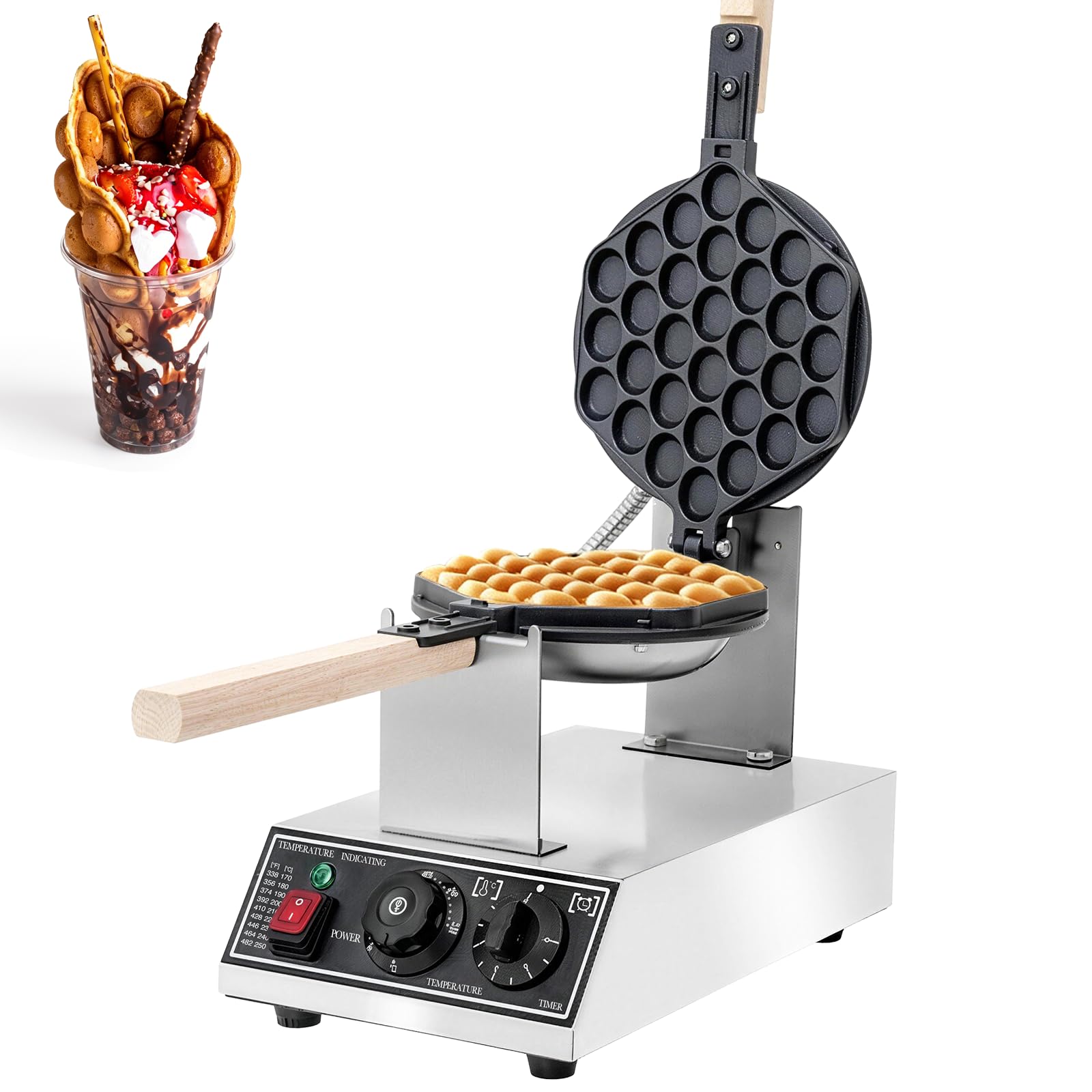 Gofrera Bubble Waffle Maker con función giratoria de 180°, control de temperatura de 50 a 250 °C y temporizador de 0 a 5 minutos, antiadherente, máquina de gofres de huevos de Hong Kong para cafetería