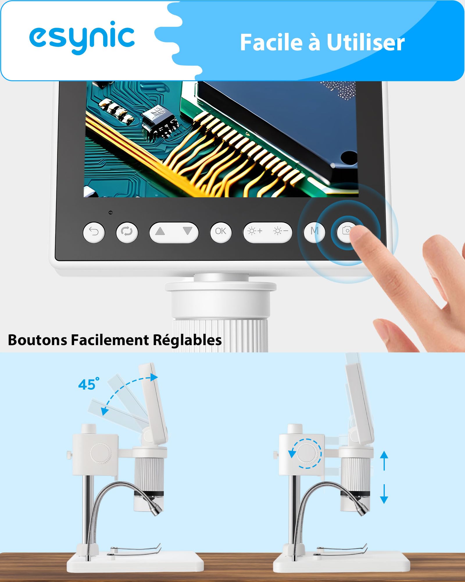 eSynic Microscope Numérique USB 5X-1000X 5MP 1080P avec Écran 4,5 Pouces | Zoom 5X à 1000X, 8 LED Réglables, 2 Projecteurs de Tuyau, Support Réglable, Carte MicroSD 32 Go, Compatible Windows et Mac