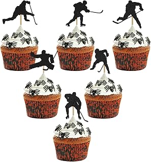 24pcs Hockey Cake Topper, Black Hockey Cupcake Toppers Sports Themed Cupcake Toppers Birthday Cake Sticks Decoration for Boy Girls Kids Birthday Party Decorations Supplies