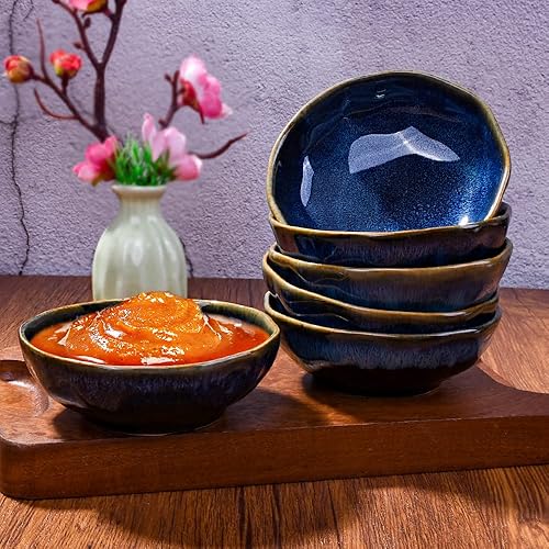 Miniatura 5 de Juego de 6 platos de cerámica para salsa de soja para condimentos de sushi (horno azul)