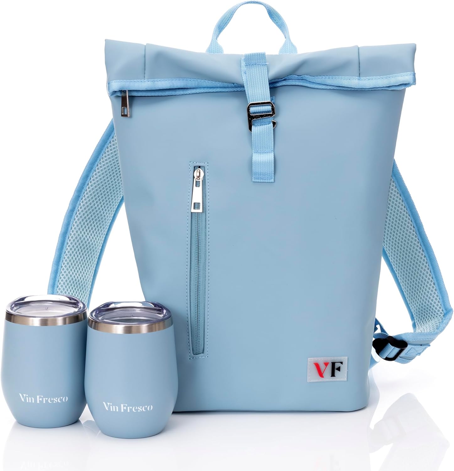 Two Bottle Rolltop Wine Tote Bag – Stylish PU Leather Backpack with Matching Tumblers – Wine Carrier with Padded Straps and Compartments for Travels & Picnics (Beige)