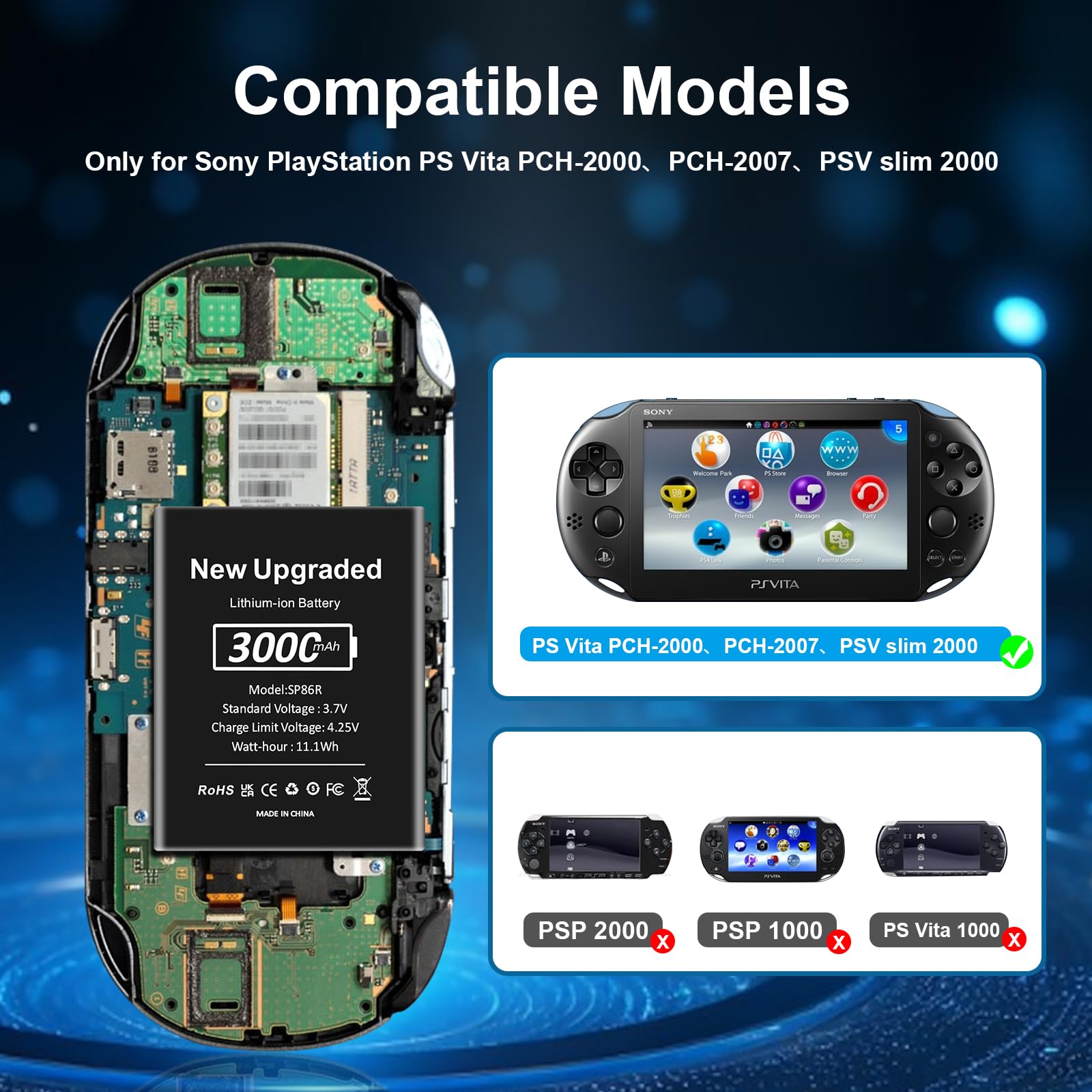 Batterie haute capacité SP86R pour Sony PlayStation Vita (PCH-2000 Series), 3000 mAh, avec kit d'outils – Pour les modèles : PCH-2000, PCH-2001, PCH-2006, PCH-2007, non compatible avec la série