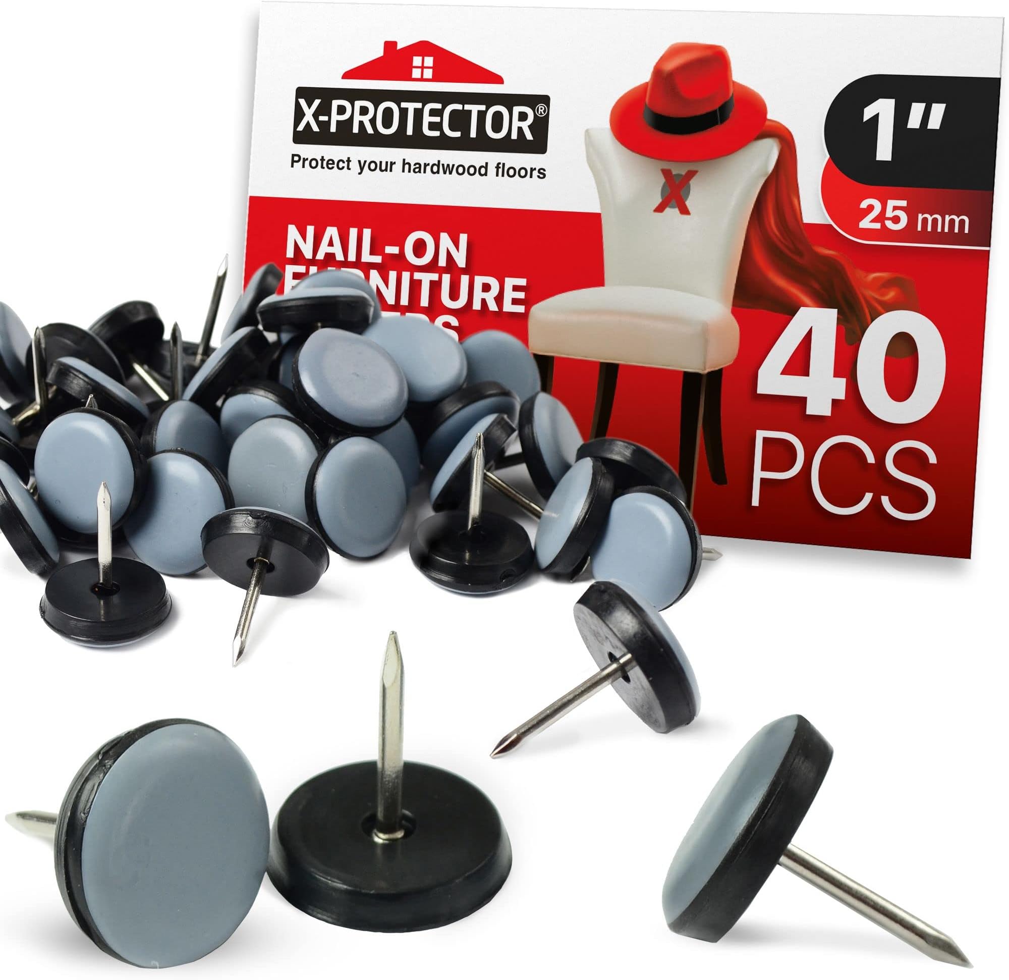 X-Protector Chair Glides – 1" Furniture Glides 40 pcs – Grey Nail-on Chair Sliders – Premium Chair Leg Floor Protectors – Slide Effortlessly with Chair Leg Pads That Protect Your Floor!