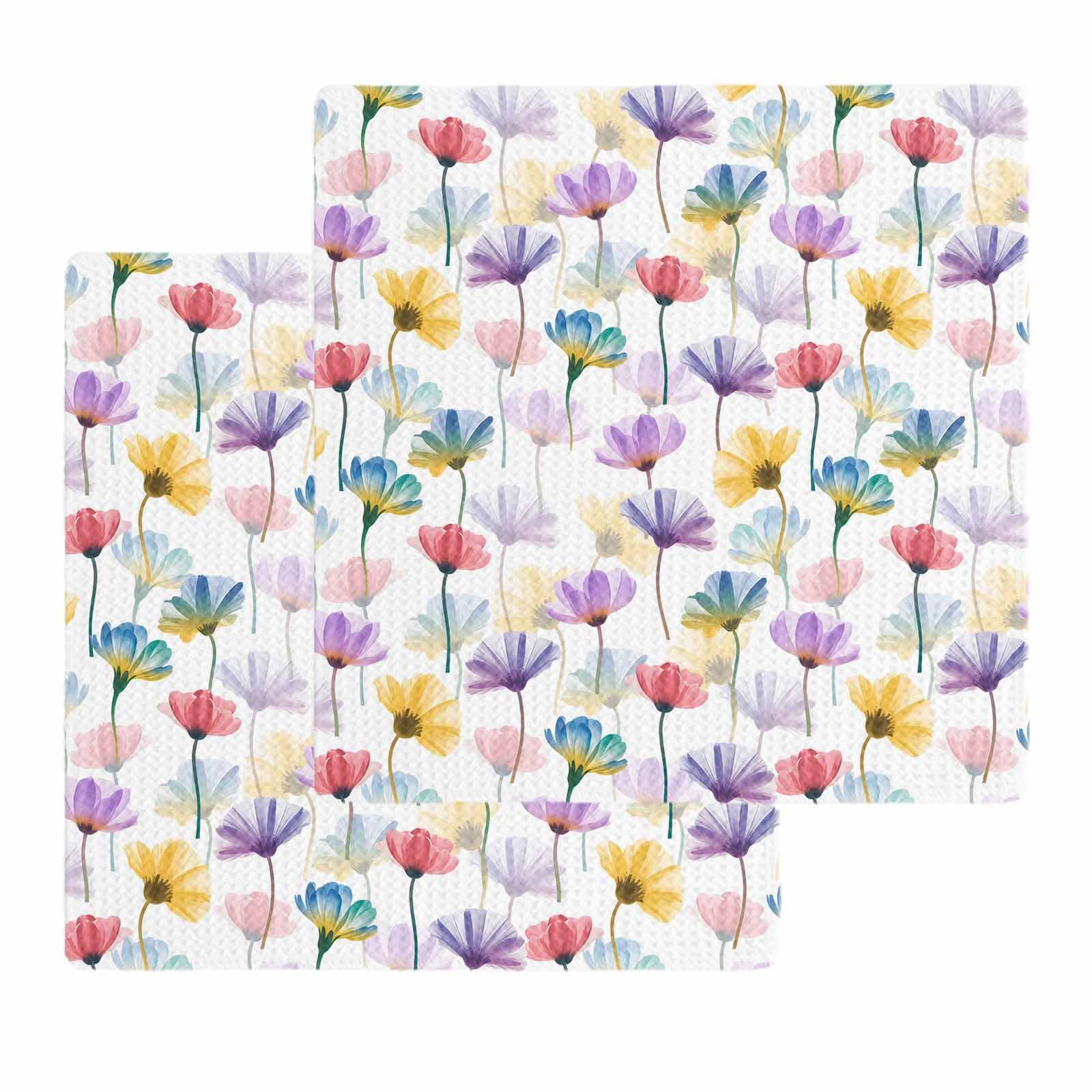 DecorLovee Watercolor Flowers Kitchen Towels Set of 2, Waffle Microfiber Towels Cleaning, Spring Floral Plants Country Absorbent Dish Towel Cloths Decorative Hand Towel for Bathroom 12x12 Inch