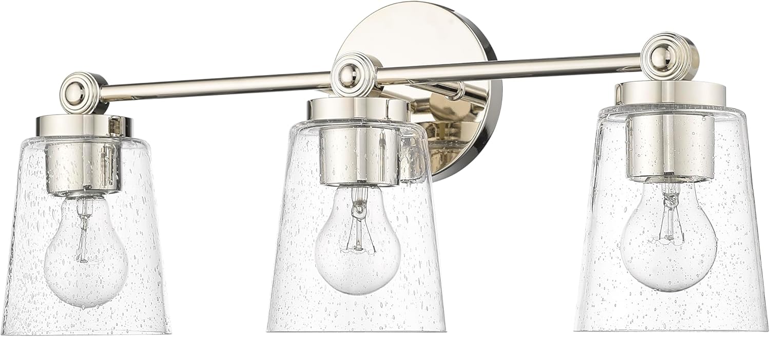 ML Lighting | Lauryn Collection | 22003-PN | 3 Light Vanity in Polished Nickel Finish with Clear Seeded Glass Shade | Versatile Design That adds High-End Texture and Elegance to Your Bathroom