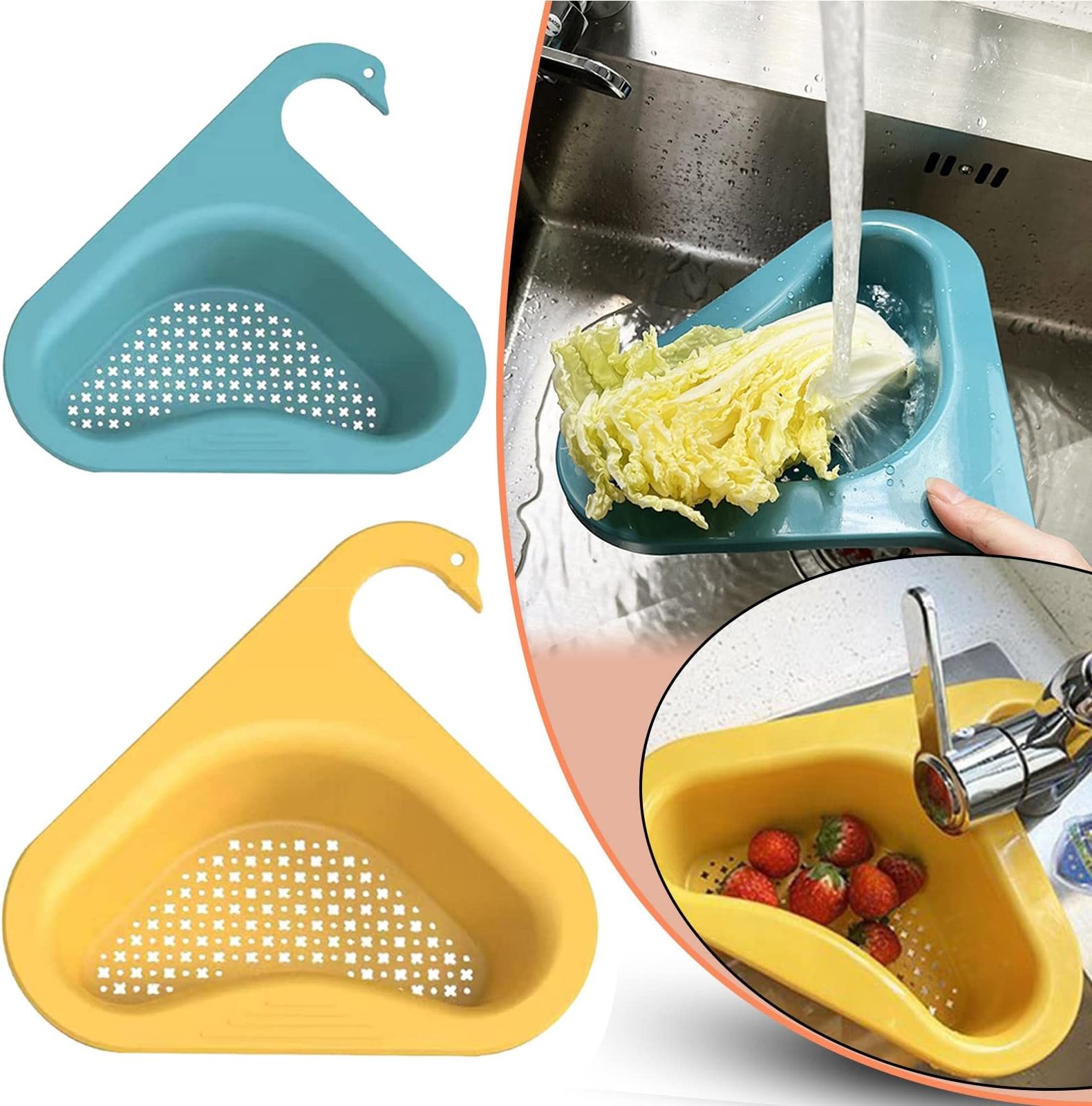 BoddenlyMulti-Functional Hanging Filtering Draining Rack, 2PCS Sink Strainer Basket Triangular Multifunctional Kitchen Triangle Sink Filter for Sink Food Strainer Or Storage Rack(Blue, Yellow)
