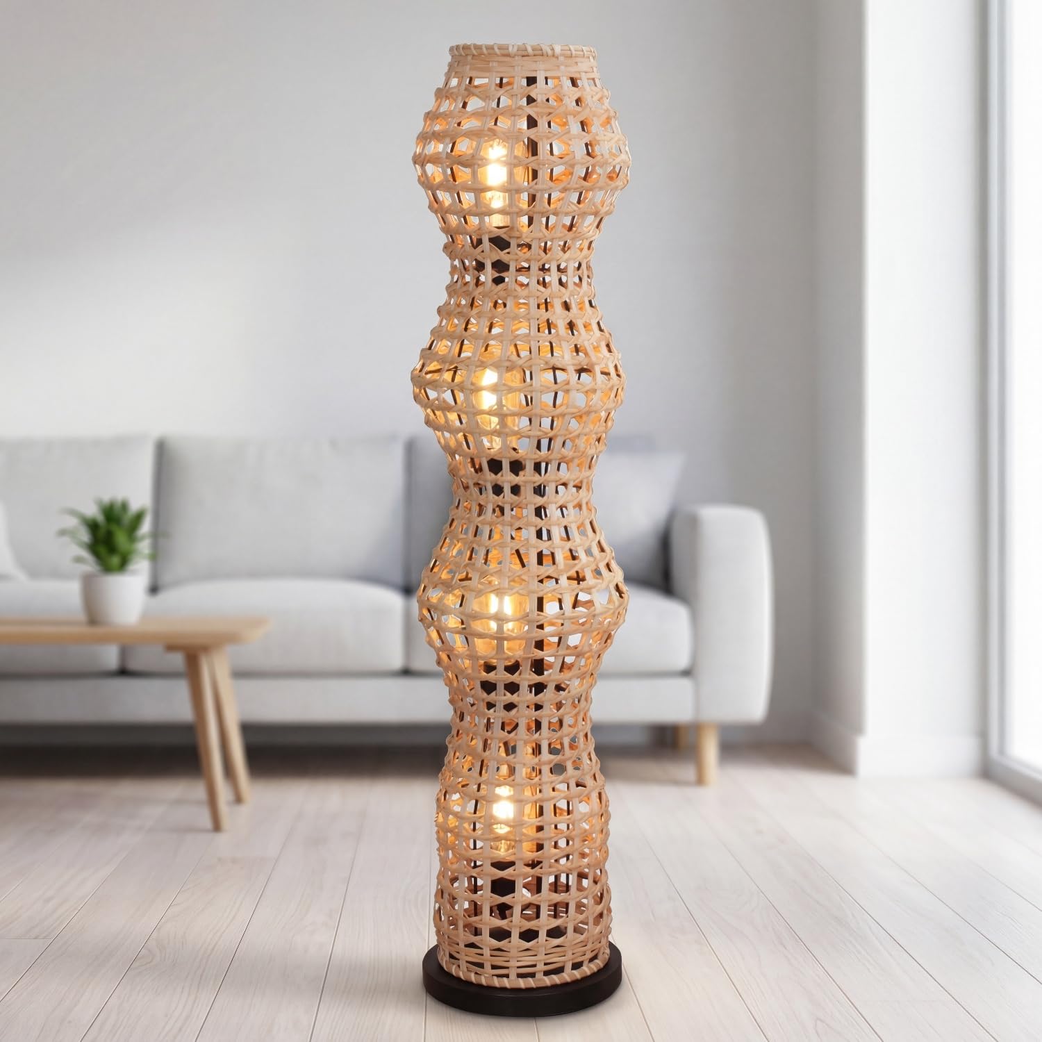 Lámpara de pie de ratán Boho salón negro metal Moderna E27 4 llamas H:111 cm pequeña cesta luz acogedora antideslumbrante decorativa Lámpara de pie Moderna
