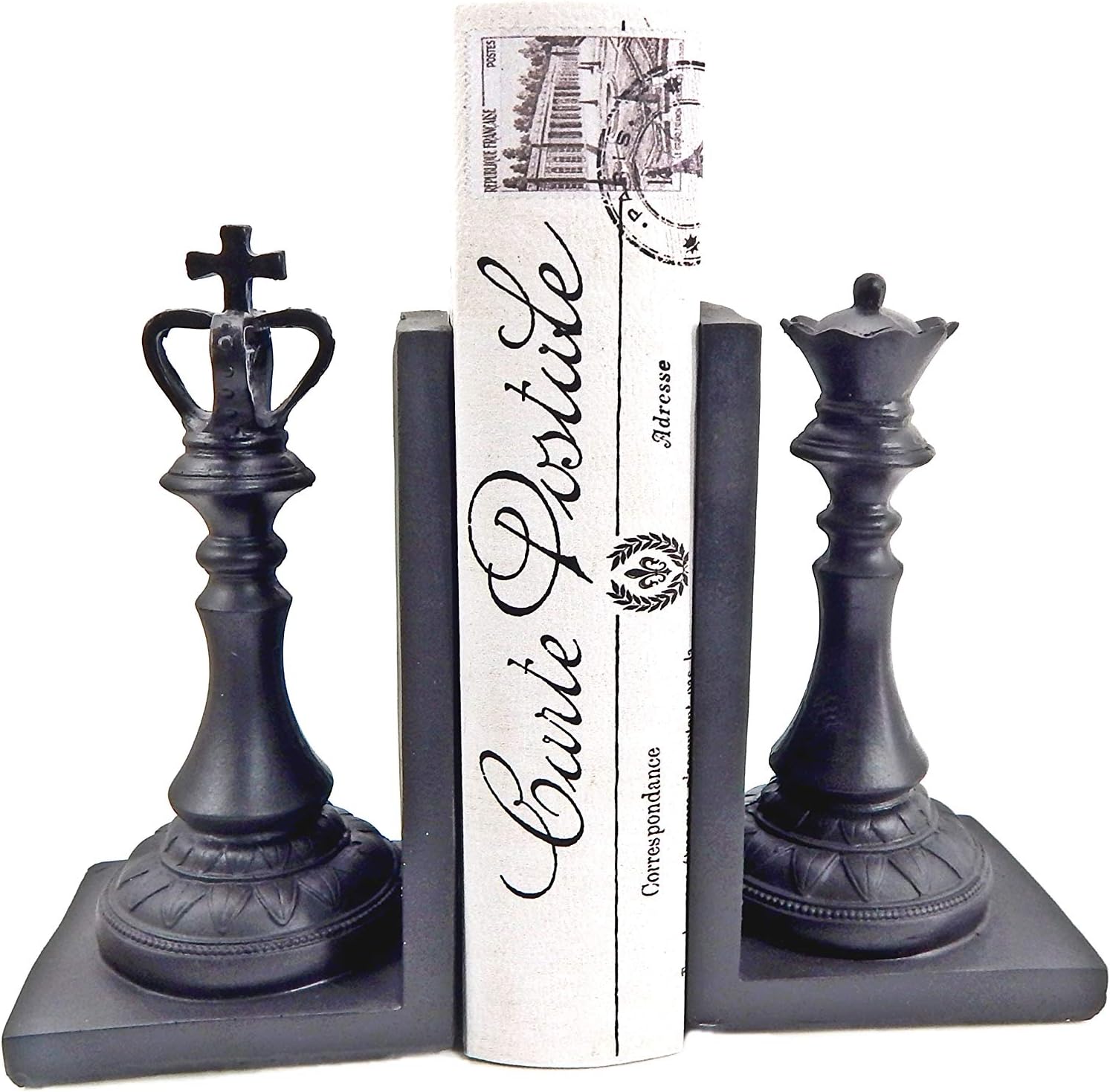 Bellaa 29745 Chess King and Queen Decorative Bookend Royal Exquisite Vintage Retro Book Ends Shelf Organizers Books Stopper Black Statues Sculpture 7 inch