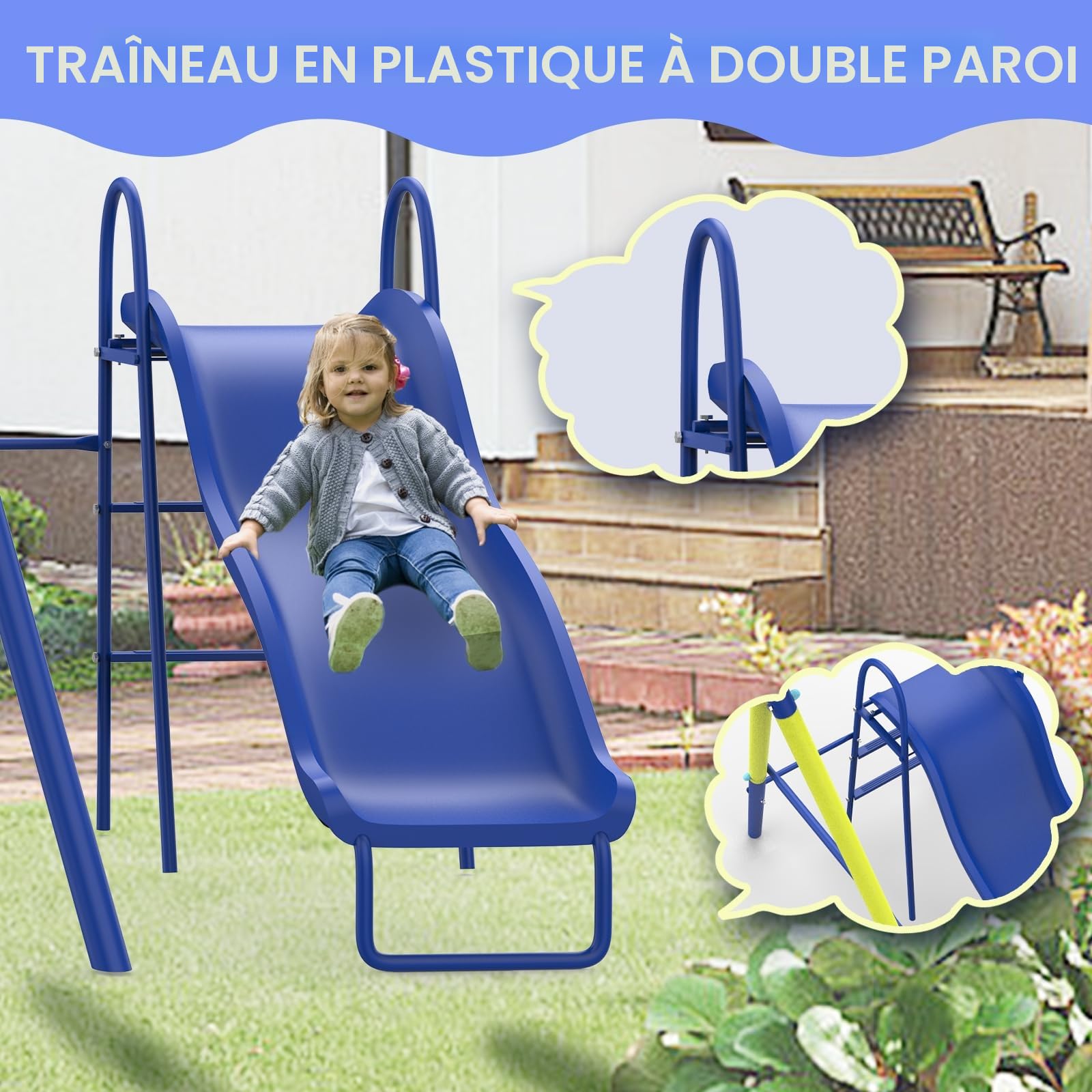 Structure de Jeu extérieur 5-en-1 pour Plusieurs Enfants, balançoire Jardin avec balançoire nid, Toboggan, Panier de Basket et Cible de Football, Armature métallique résistante dès 3 Ans