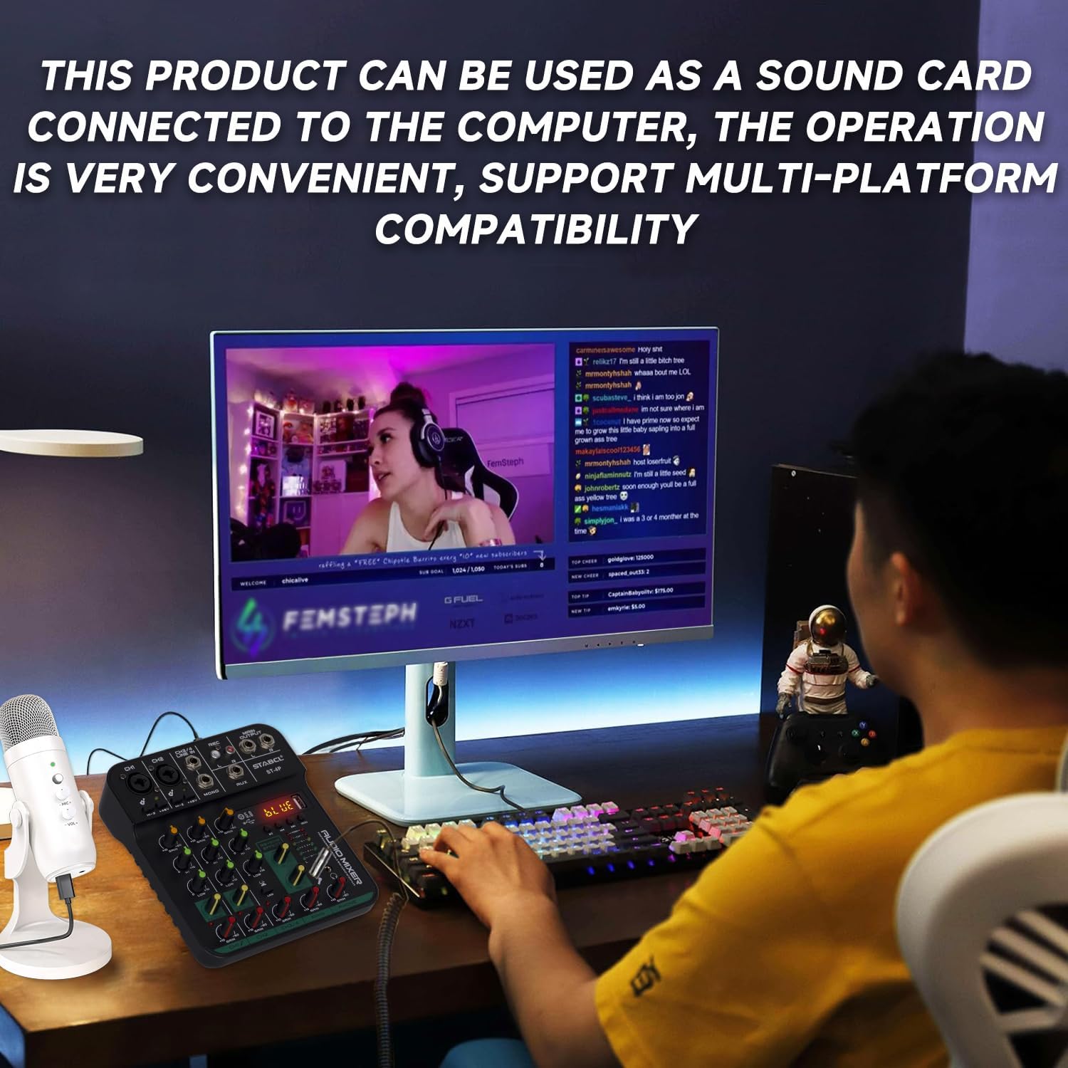 4 Channel Audio Mixer Board, Sound Board Mixing Console with Digital USB Bluetooth 48V Phantom Power and Echo, Small Sound Mixer Interface for Pc, DJ Mixer for Podcasting