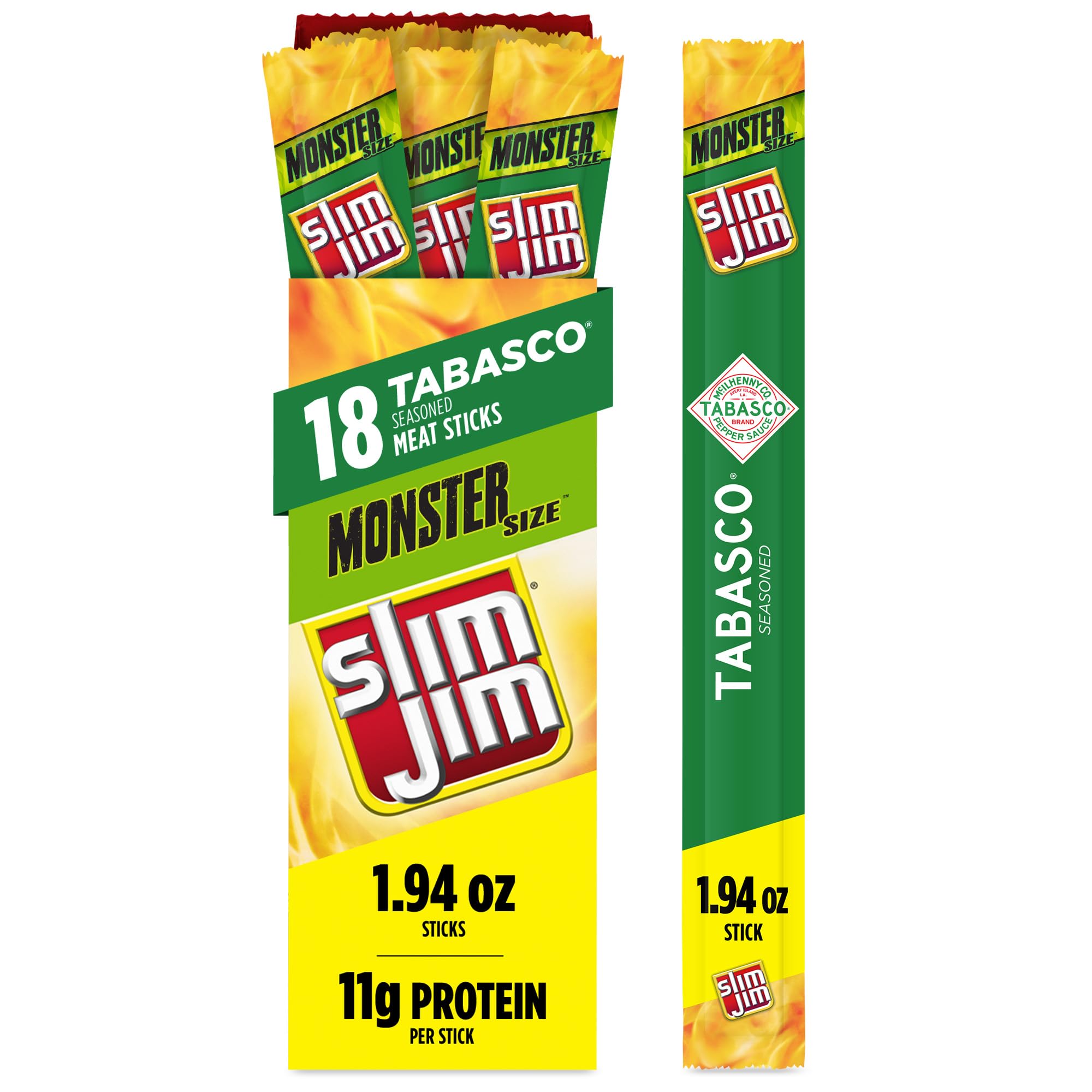 Slim Jim Monster Smoked Meat Sticks, Tabasco Flavor, High Protein, Stocking Stuffer, 1.94 oz. (18 Count)