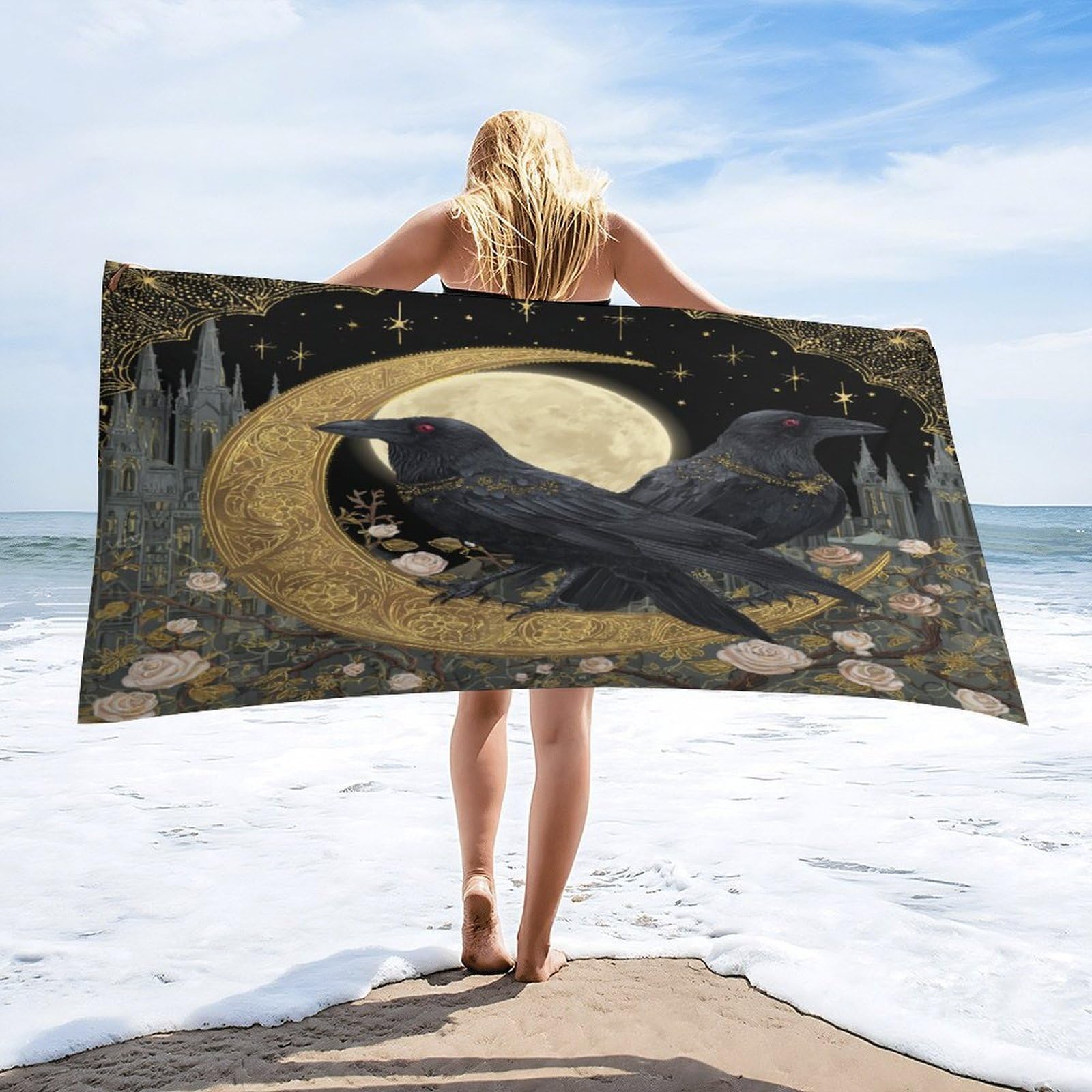 Luyysky Fantasy Rustic Animal Raven Quick-Drying Beach Towel, Retro Watercolor Full Moon Starry Sky Galaxy Castle Roses Floral Travel Vacation Single Sided Pile Bathroom Towels-80 W Cm X 160" L Cm